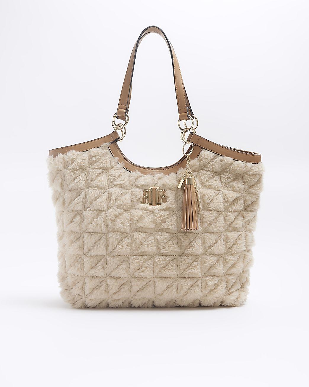 River Island jacquard barrel bag in beige