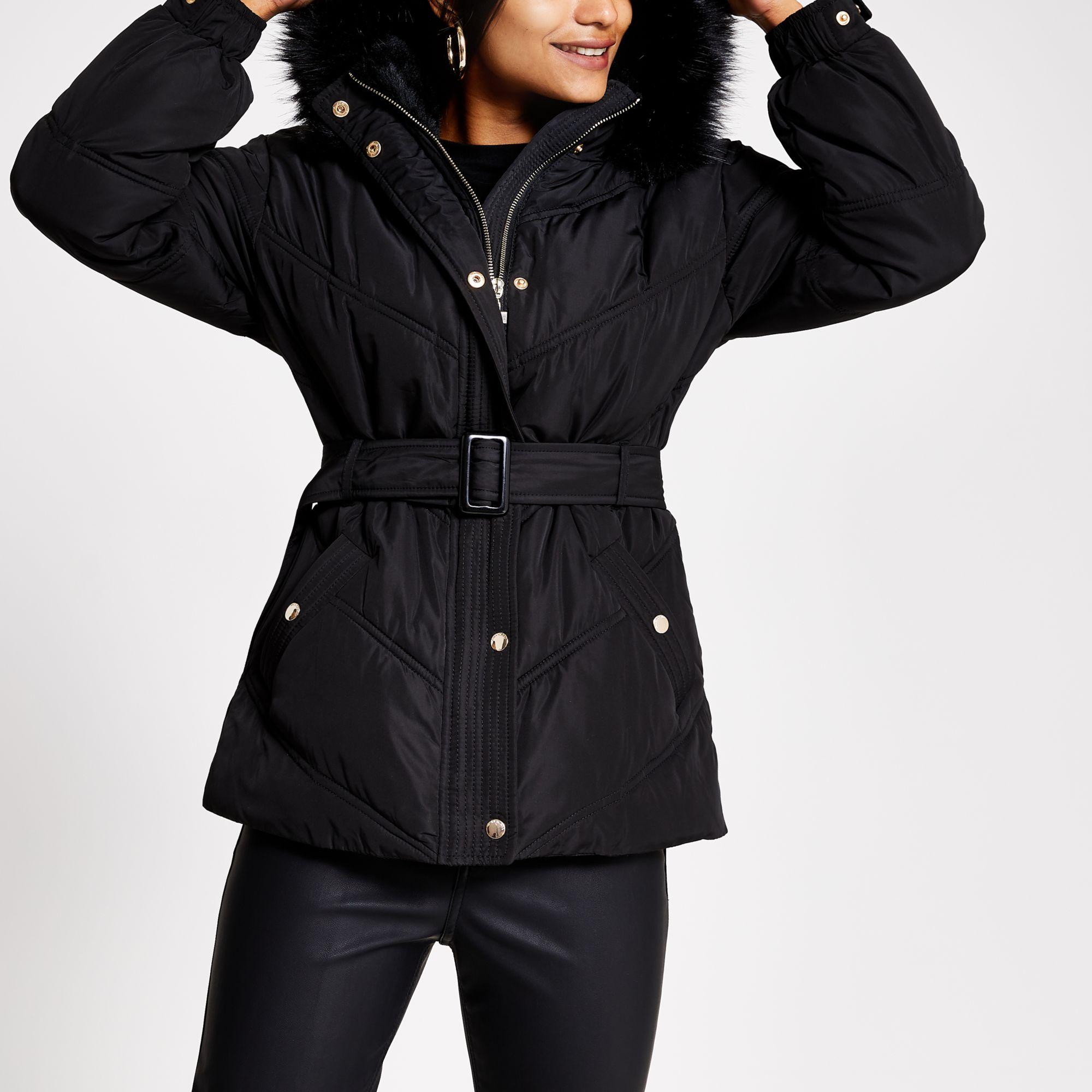 womens coats with fur hood and belt