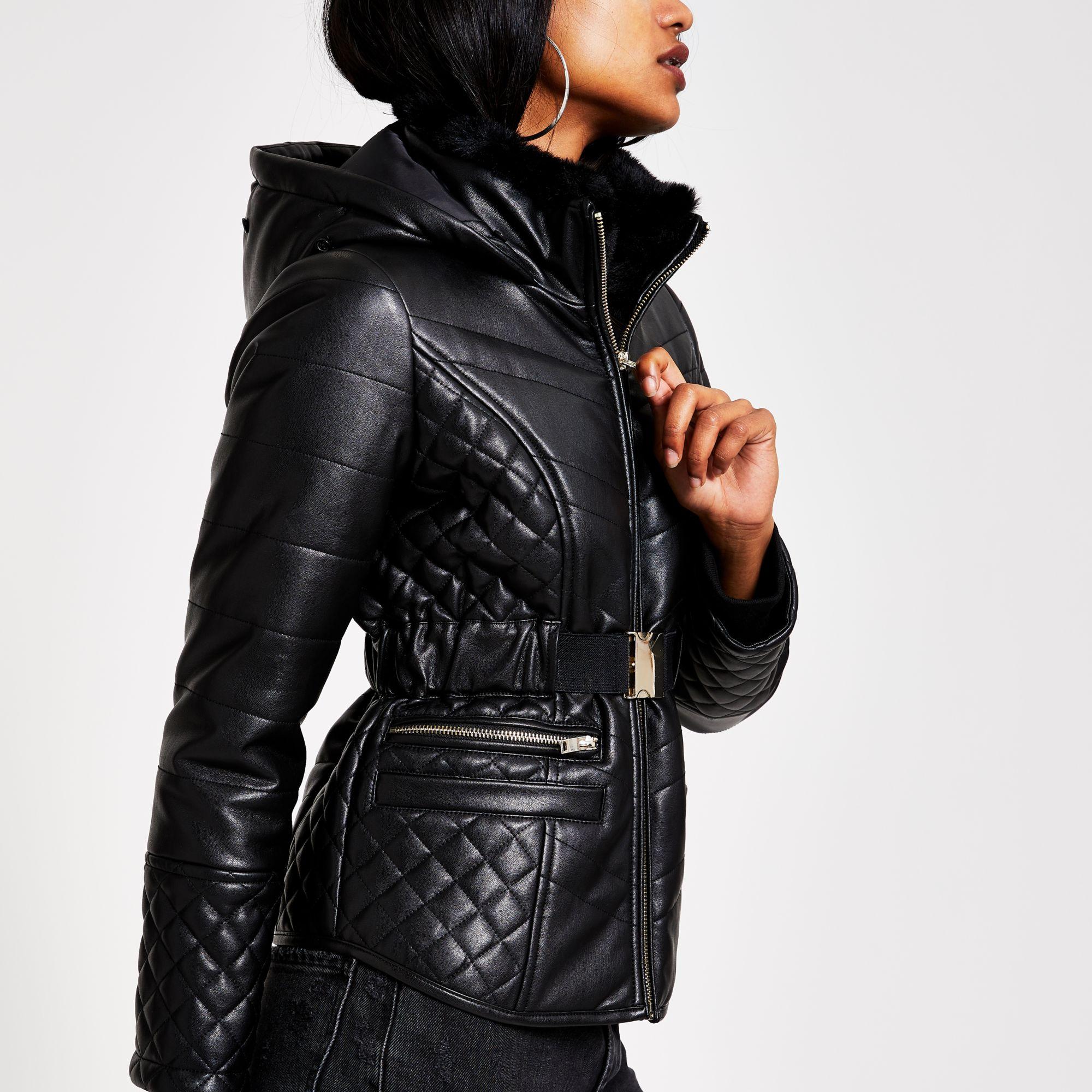 River Island Petite Belted Hooded Puffer Jacket in Black Lyst
