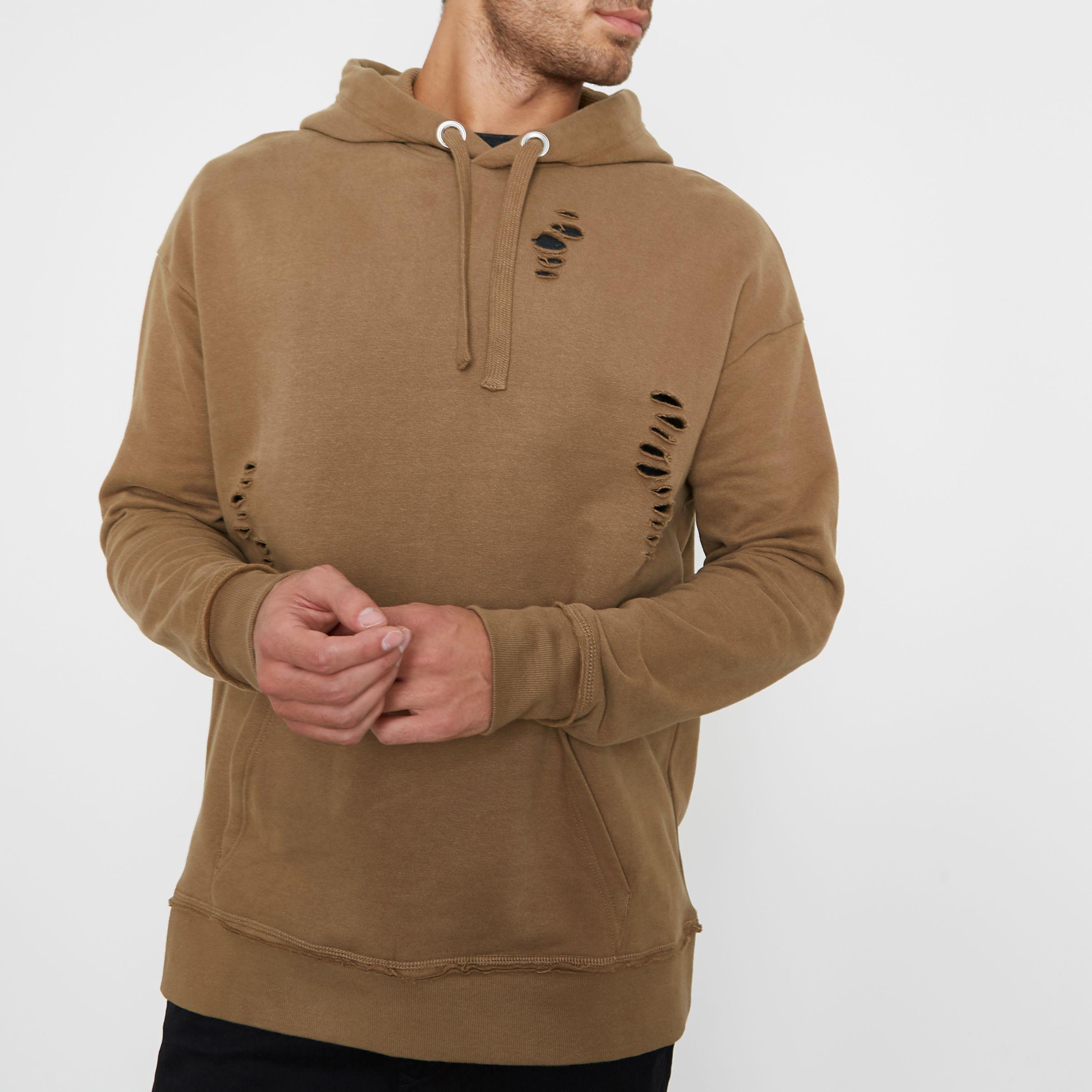 River Island Cotton Tan Ripped Oversized Hoodie in Brown for Men - Lyst