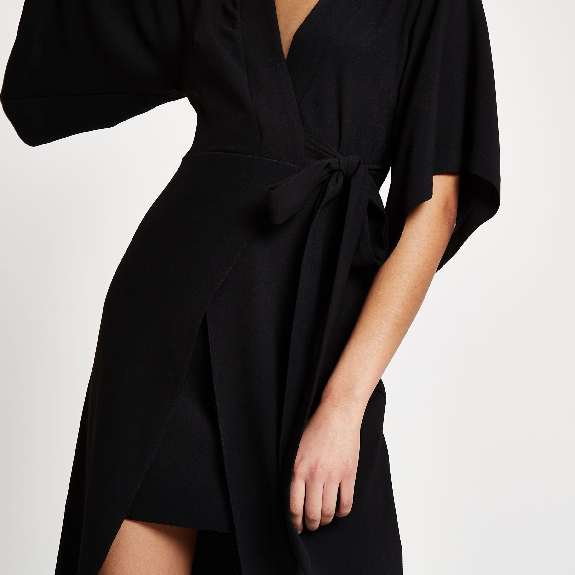 River Island Kimono Sleeve Wrap Midi Dress in Black | Lyst