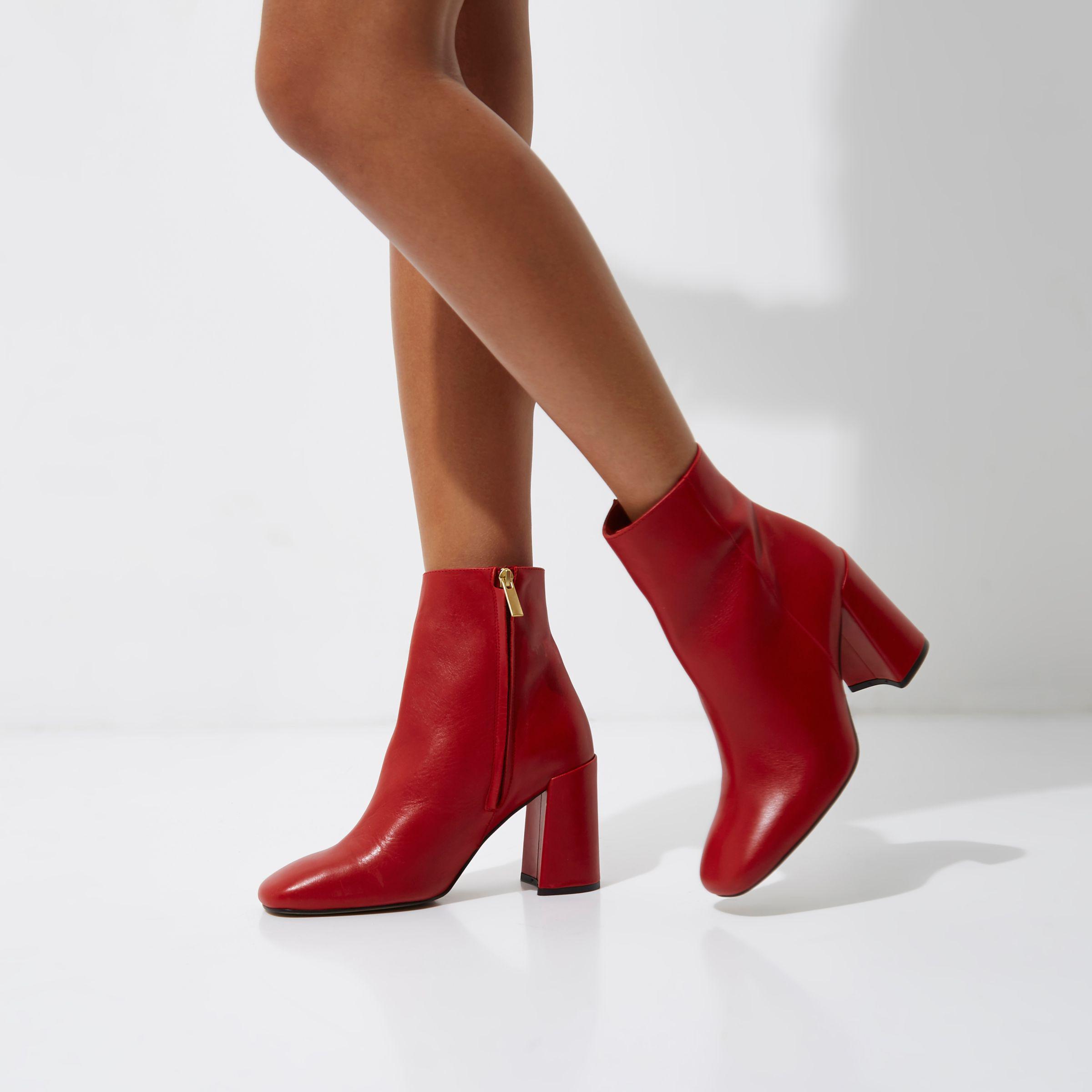 River Island Red Leather Block Heel Ankle Boots - Lyst