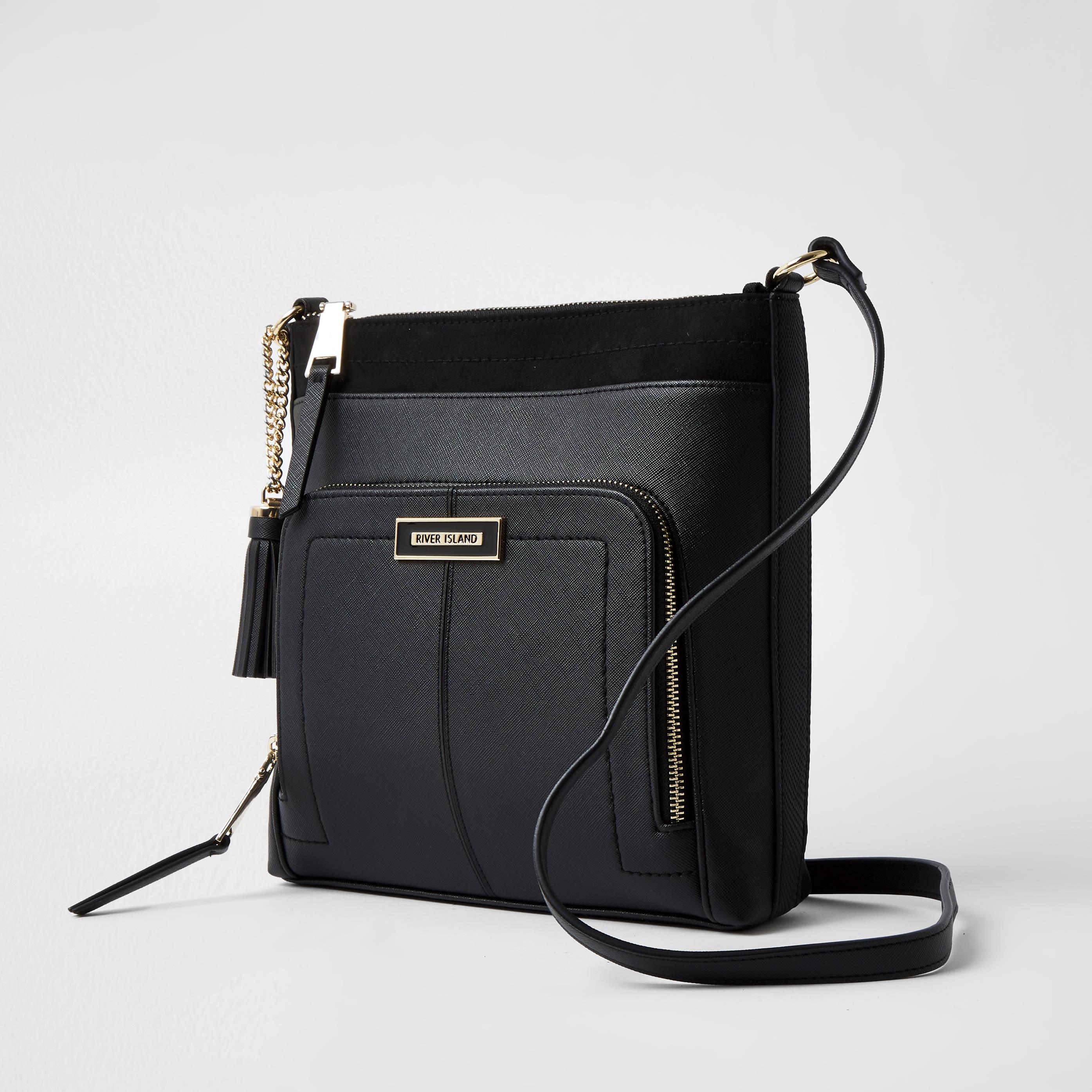 River Island Zip Pocket Messenger Bag in Black | Lyst UK