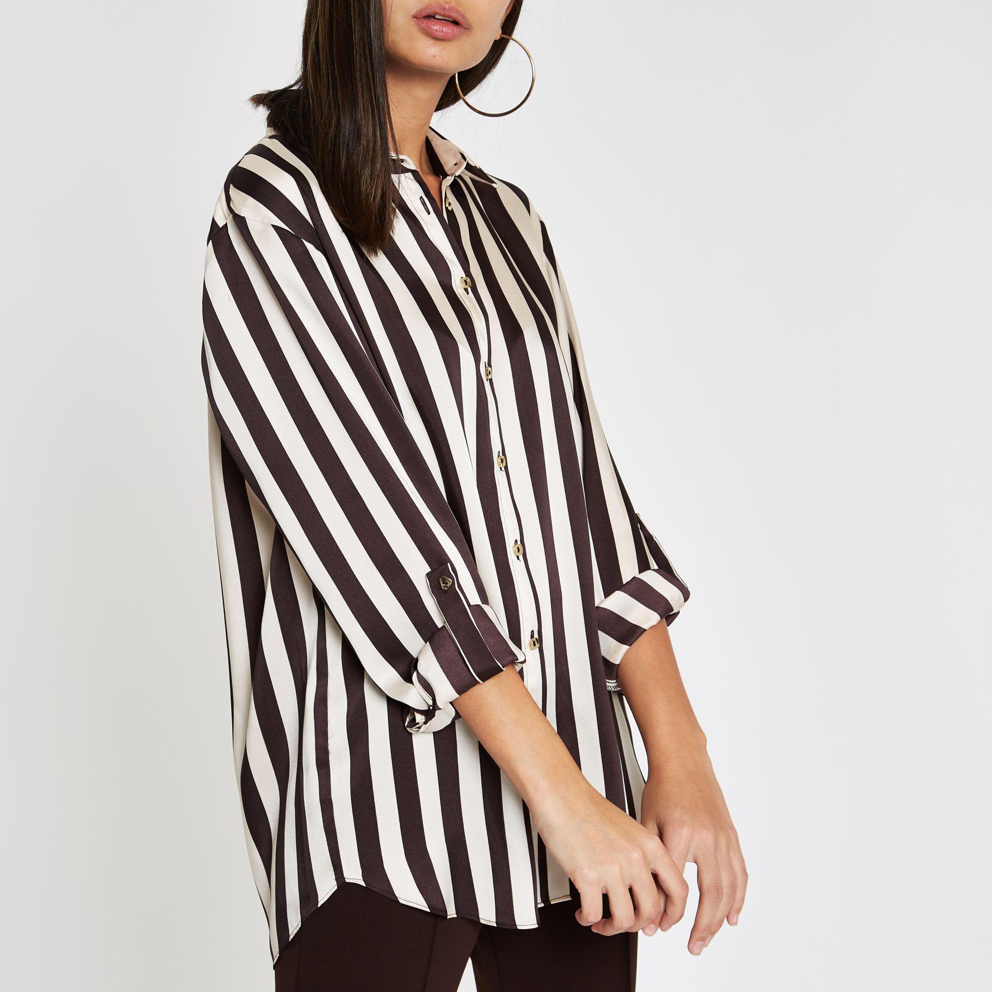 River Island Stripe Oversized Long Sleeve Shirt in Brown Lyst