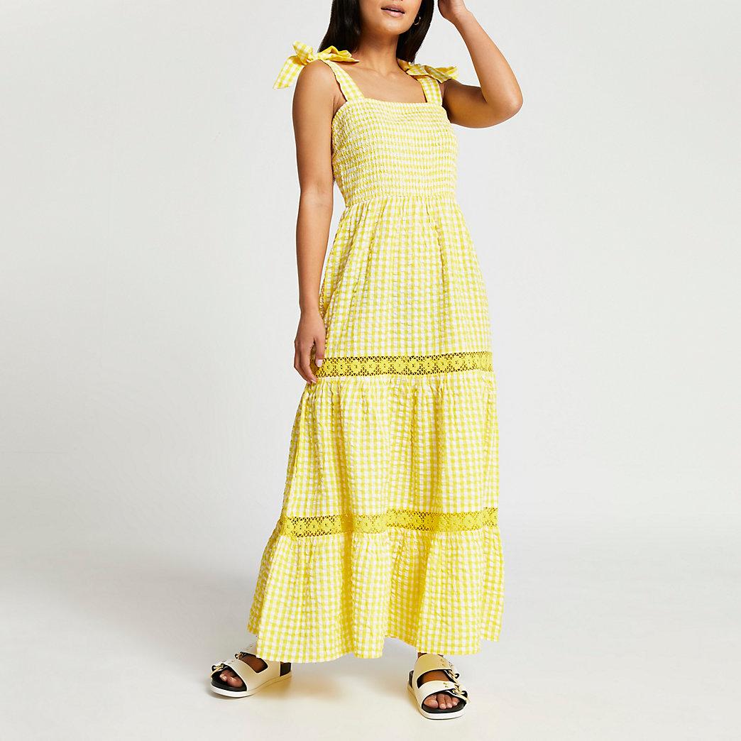 River Island Petite Yellow Gingham Maxi Dress | Lyst