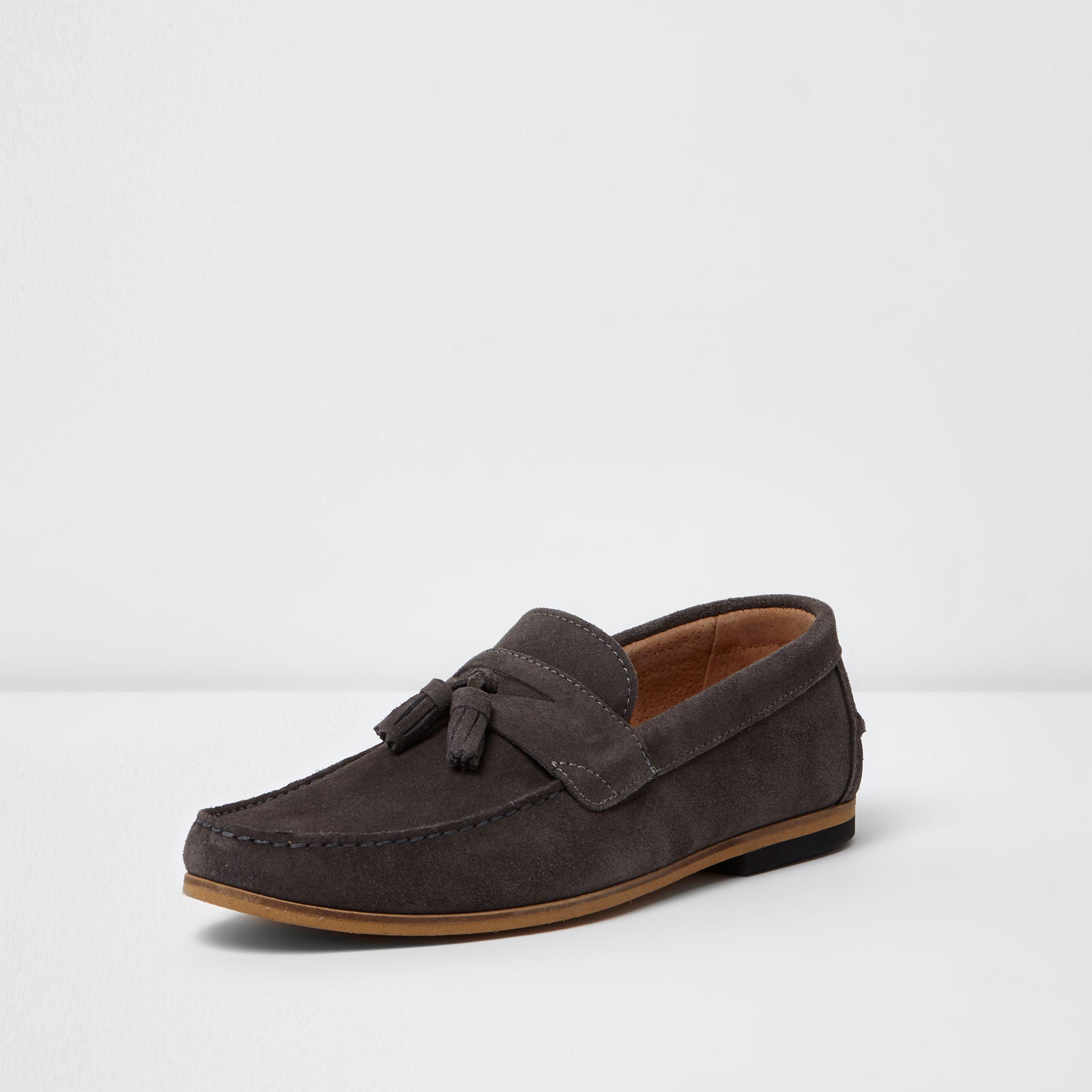 grey loafers with tassels