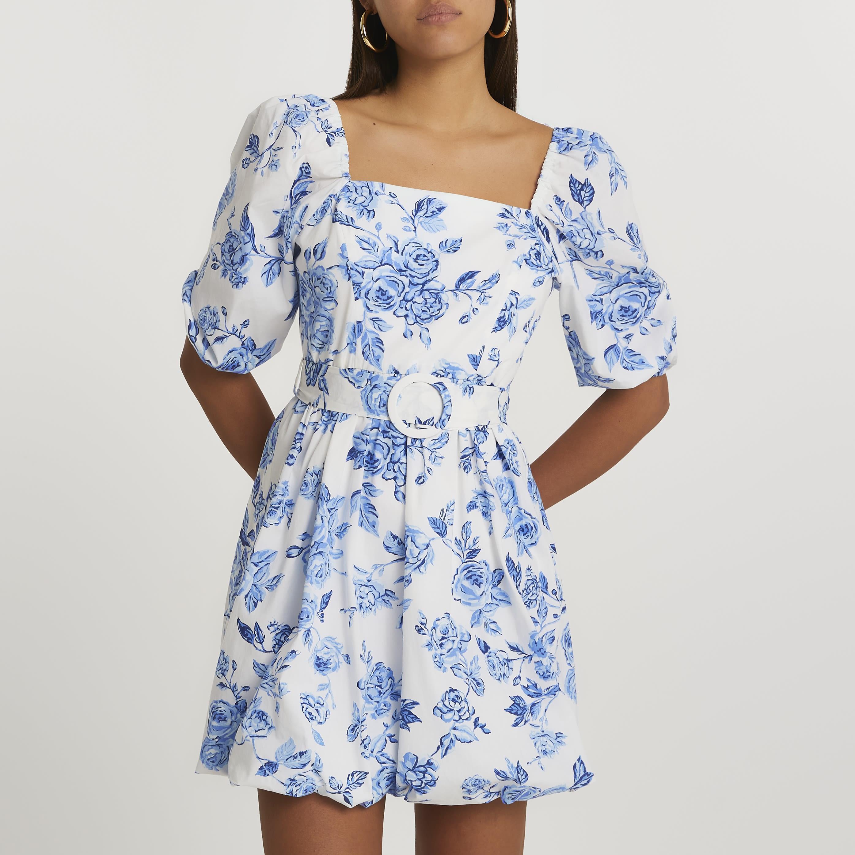 River Island Blue Puff Sleeve Floral Belted Mini Dress Lyst Canada