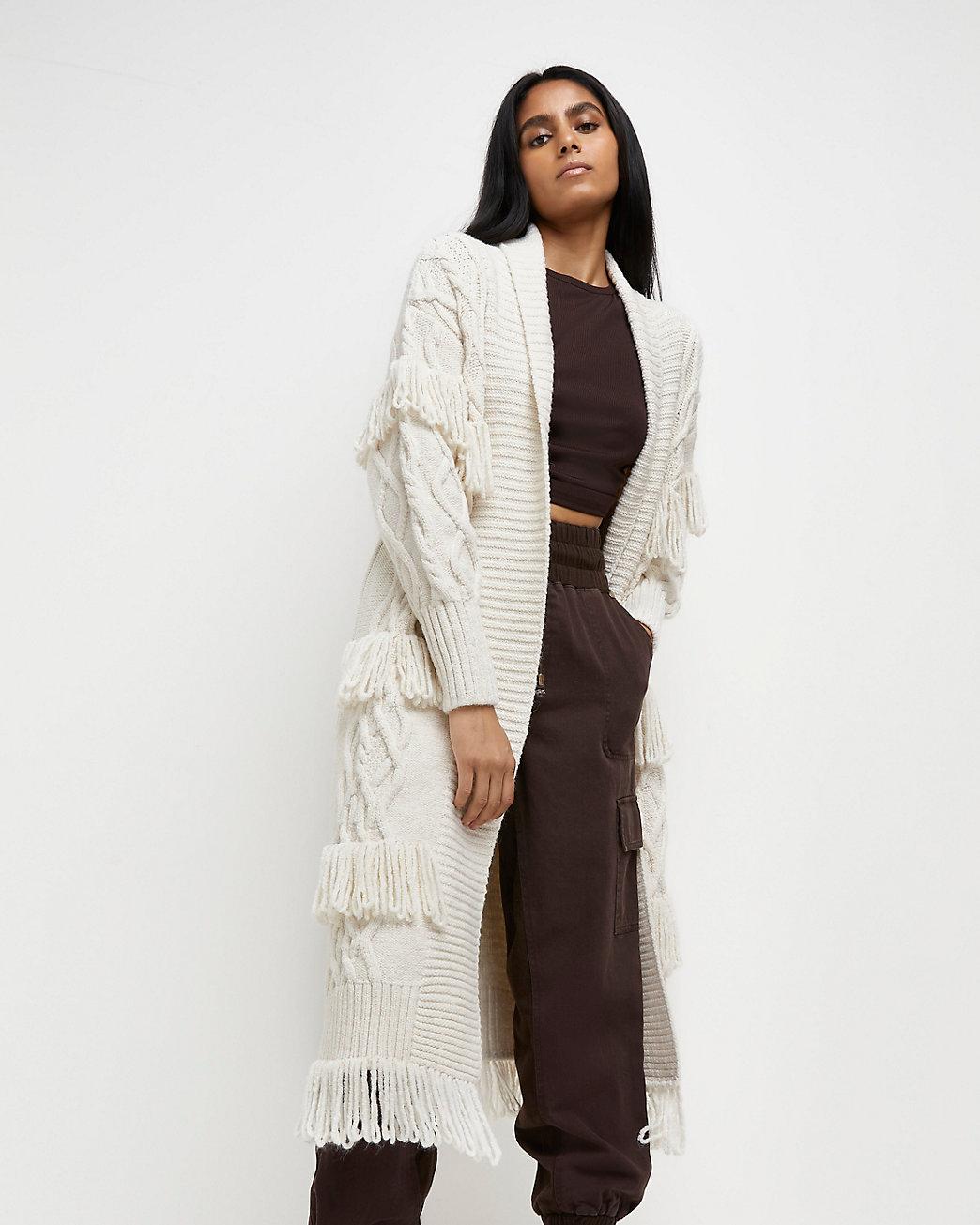 River Island Cream Fringe Detail Cable Knit Maxi Cardigan in