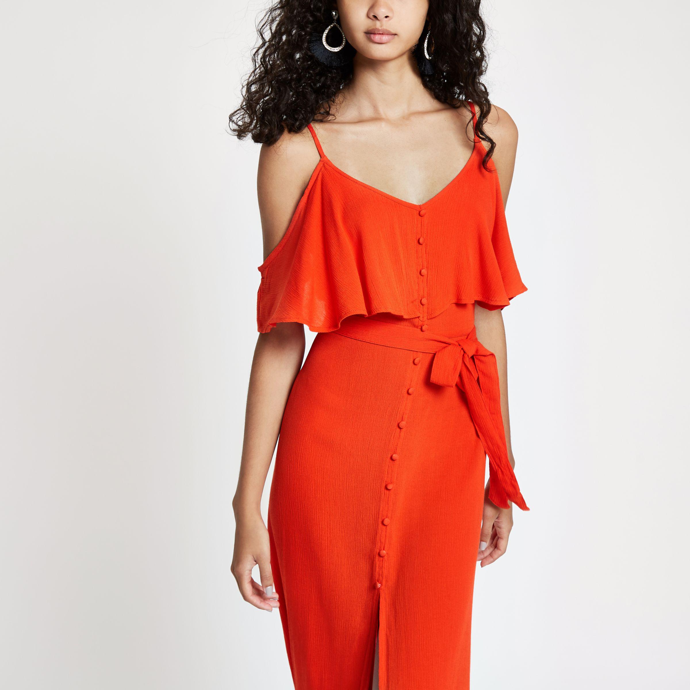 red cold shoulder maxi dress