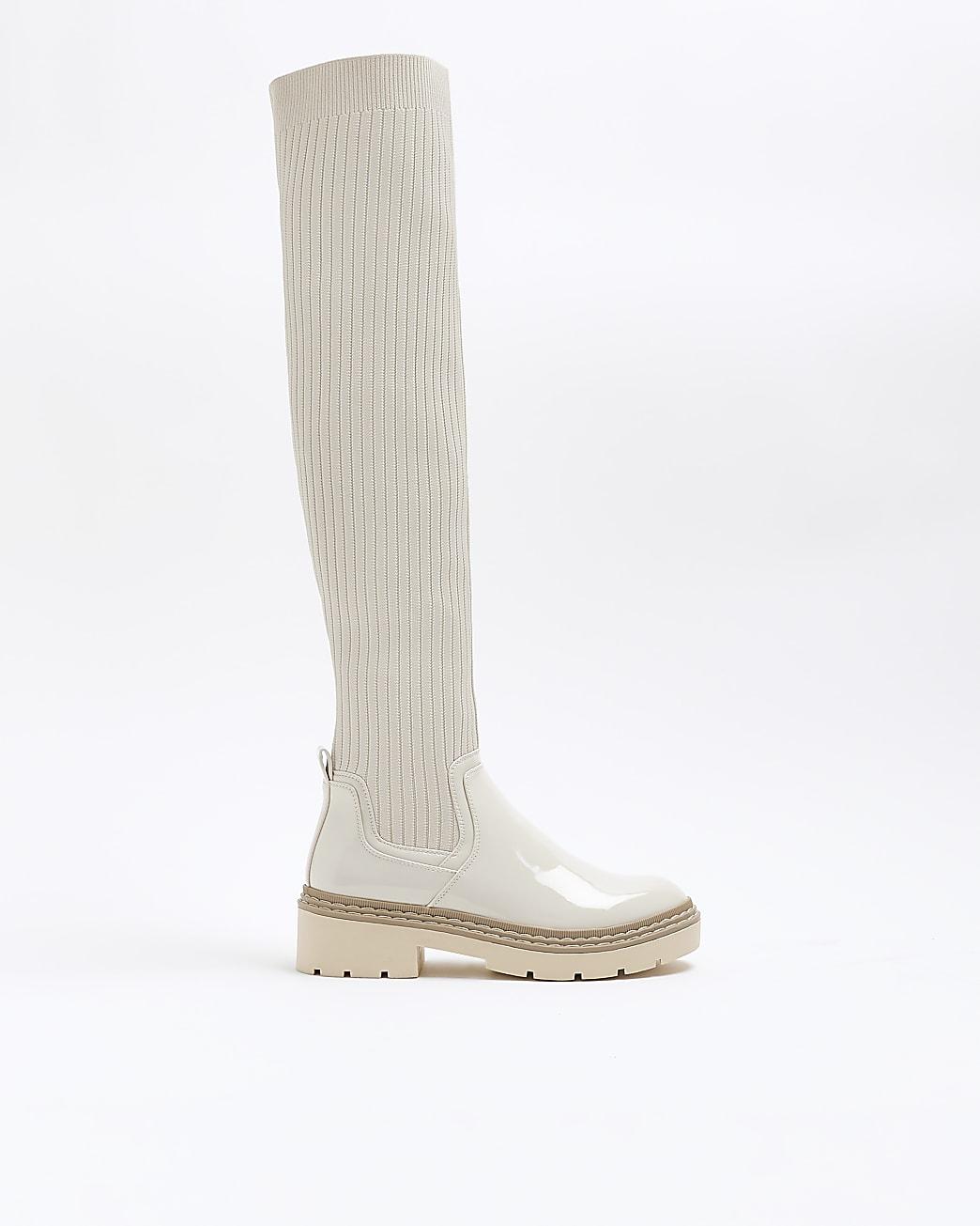 River Island Cream Knitted High Leg Boots in White Lyst