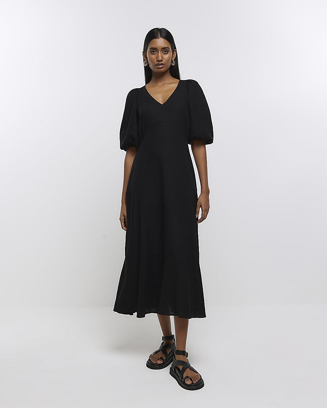 River Island Black Puff Sleeve Smock Midi Dress With Linen Lyst UK