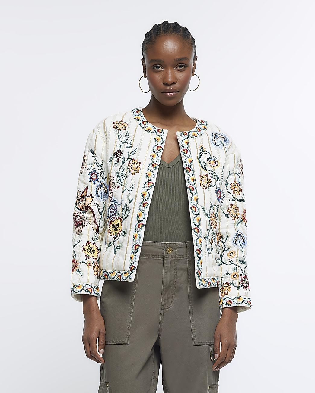 River Island Cream Floral Quilted Jacket in White | Lyst