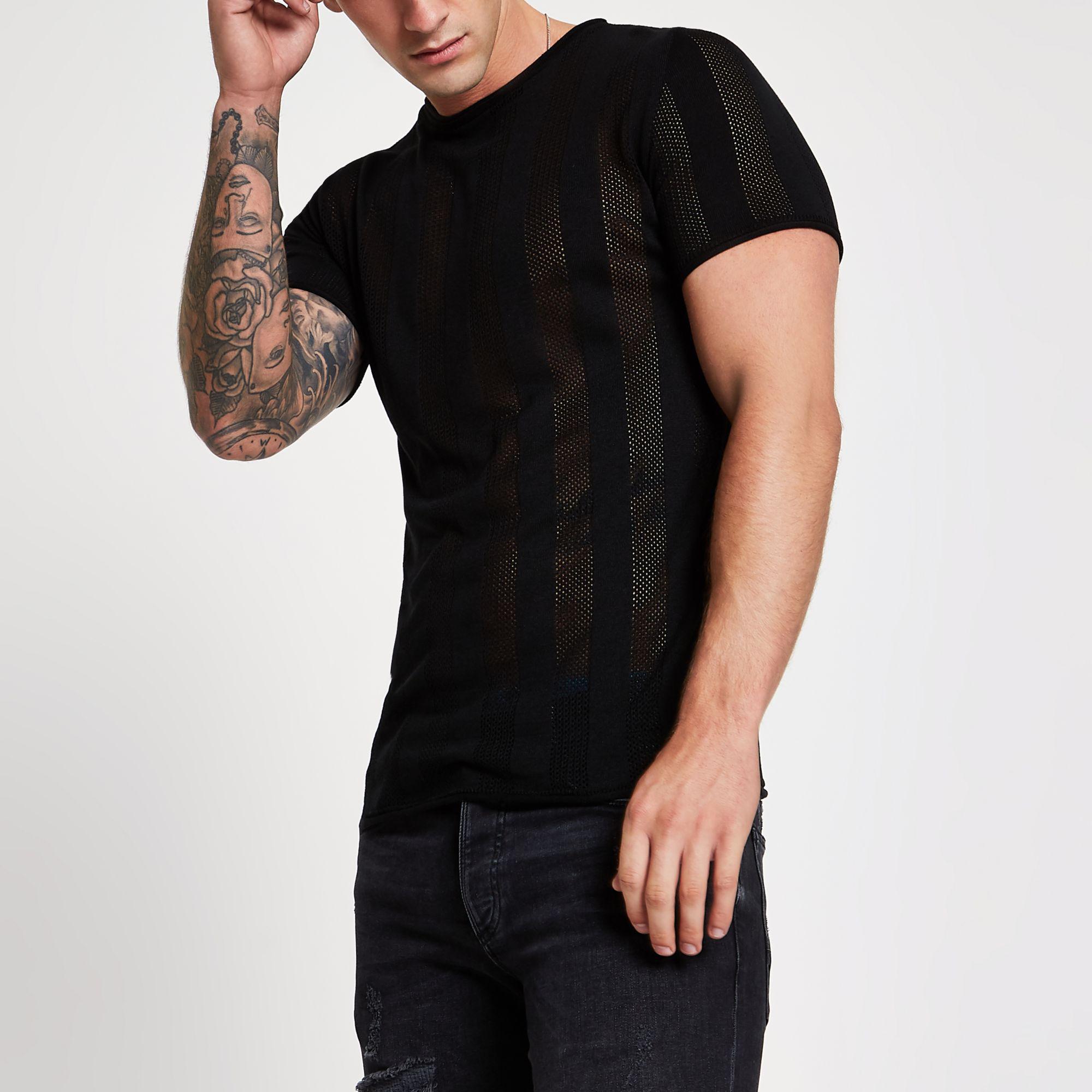 River Island Synthetic Black Mesh Stripe Slim Fit T-shirt for Men | Lyst