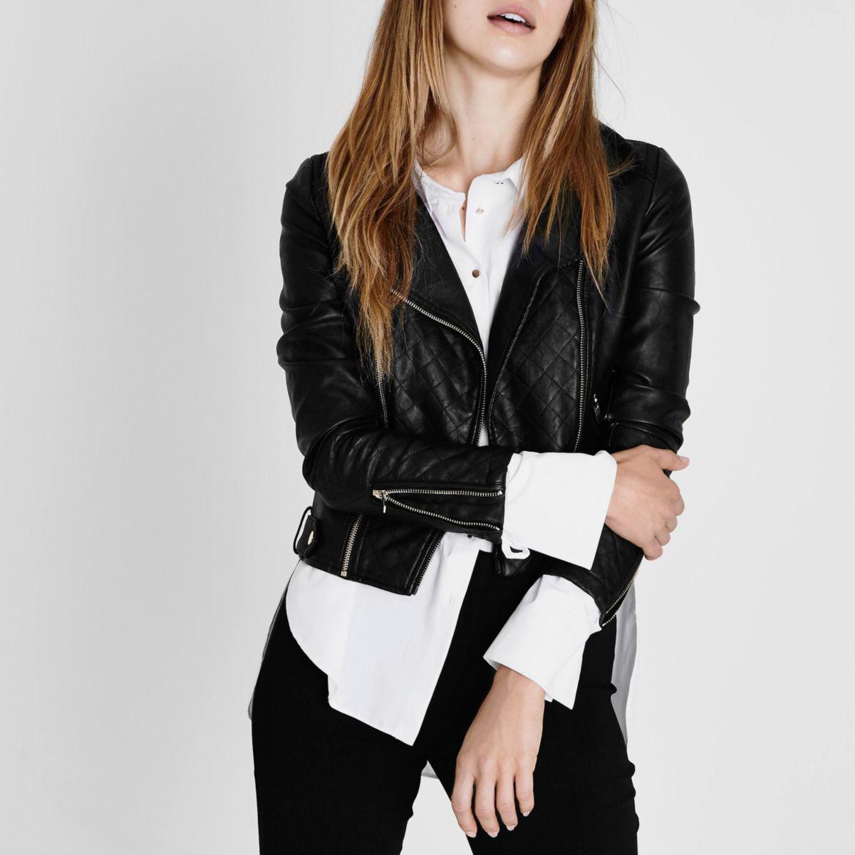 Lyst River Island Black Quilted Faux Leather Biker Jacket in Black