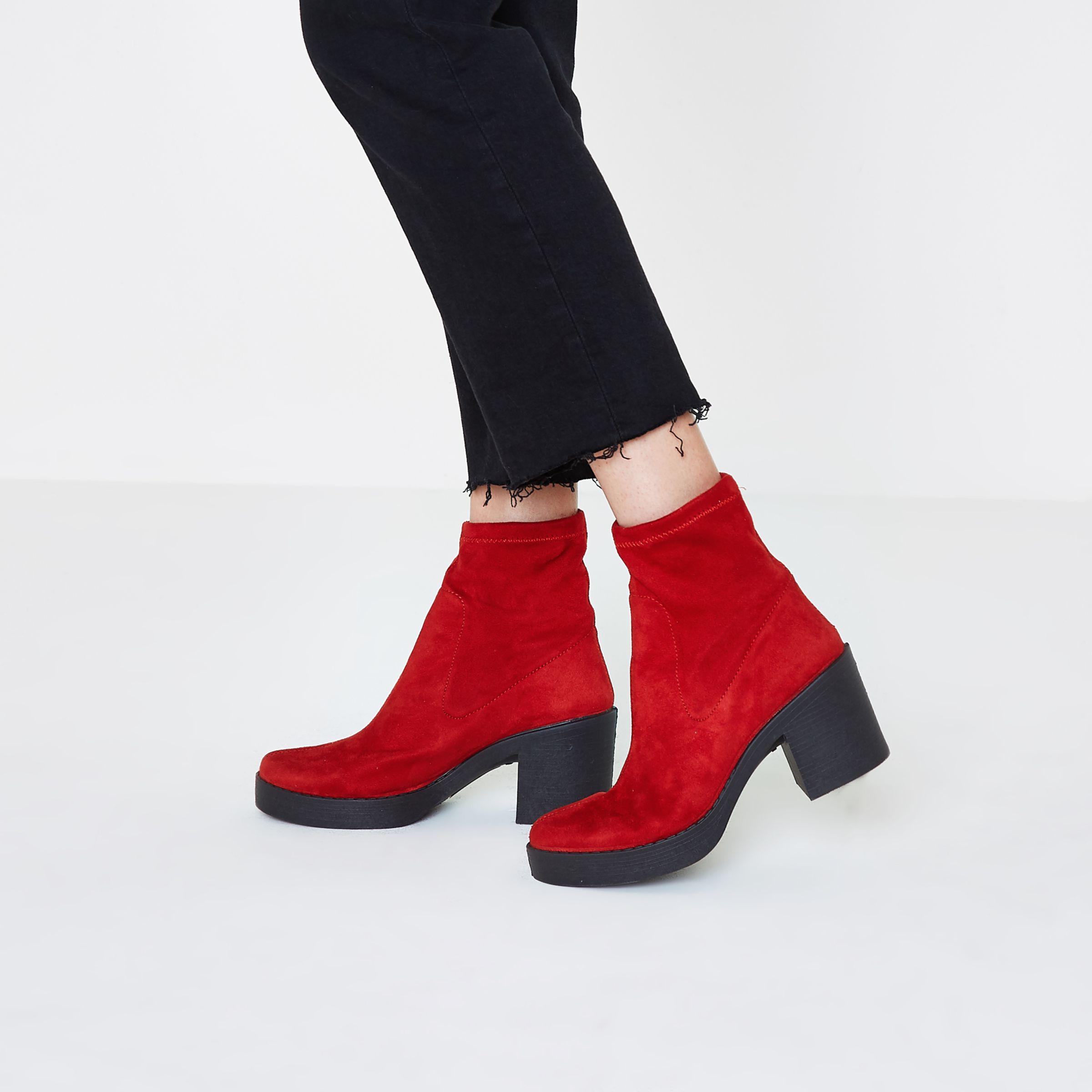 River Island Suede Red Chunky Block Heel Sock Boots - Lyst