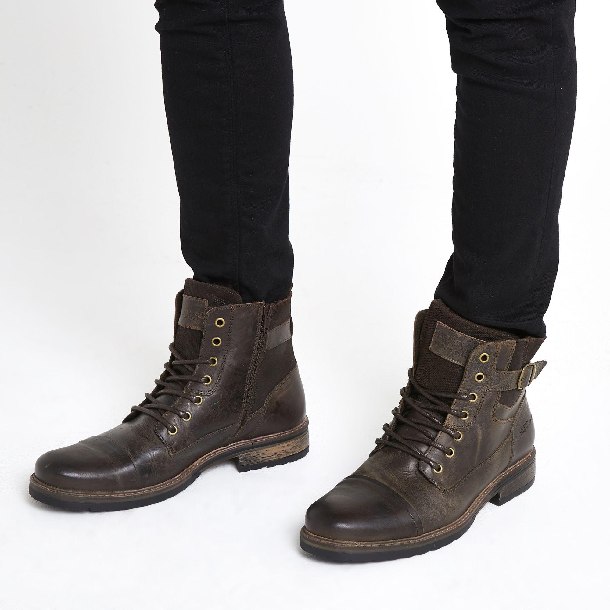 River Island Dark Buckle Laceup Leather Boots in Brown for Men Lyst