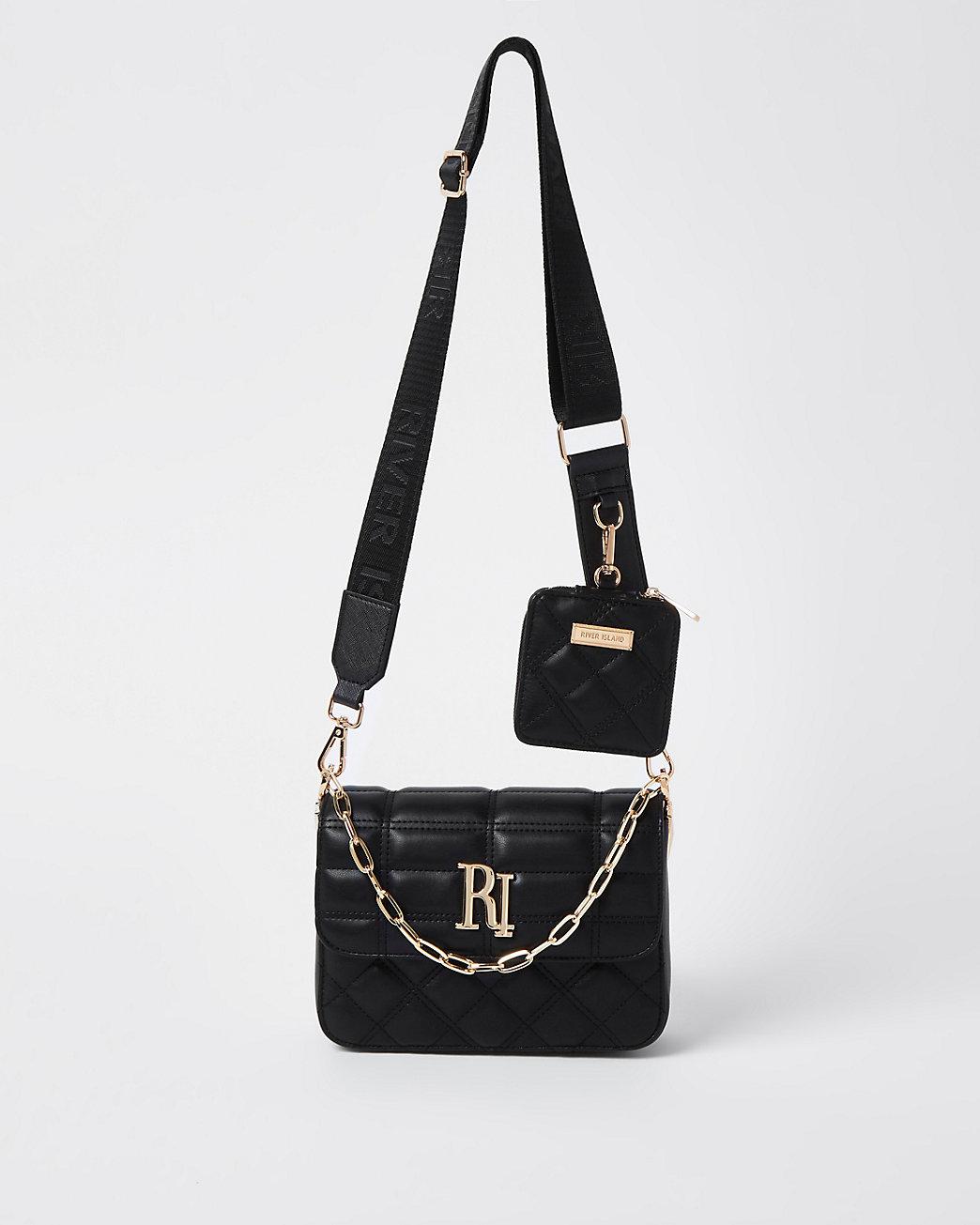 River Island embossed patent monogram boxy crossbody bag in black