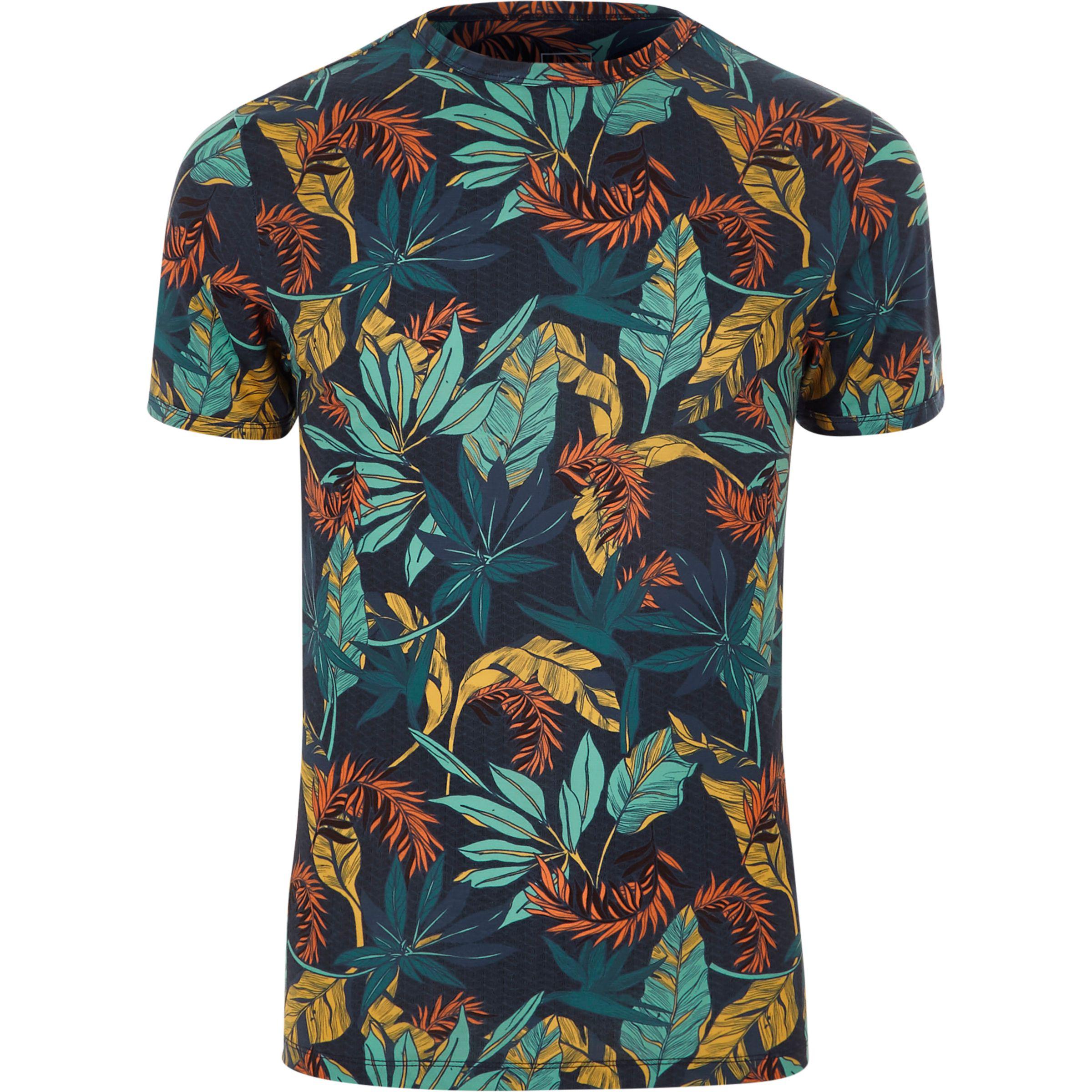 River Island Synthetic Blue Muscle Fit Tropical Print T-shirt for Men ...