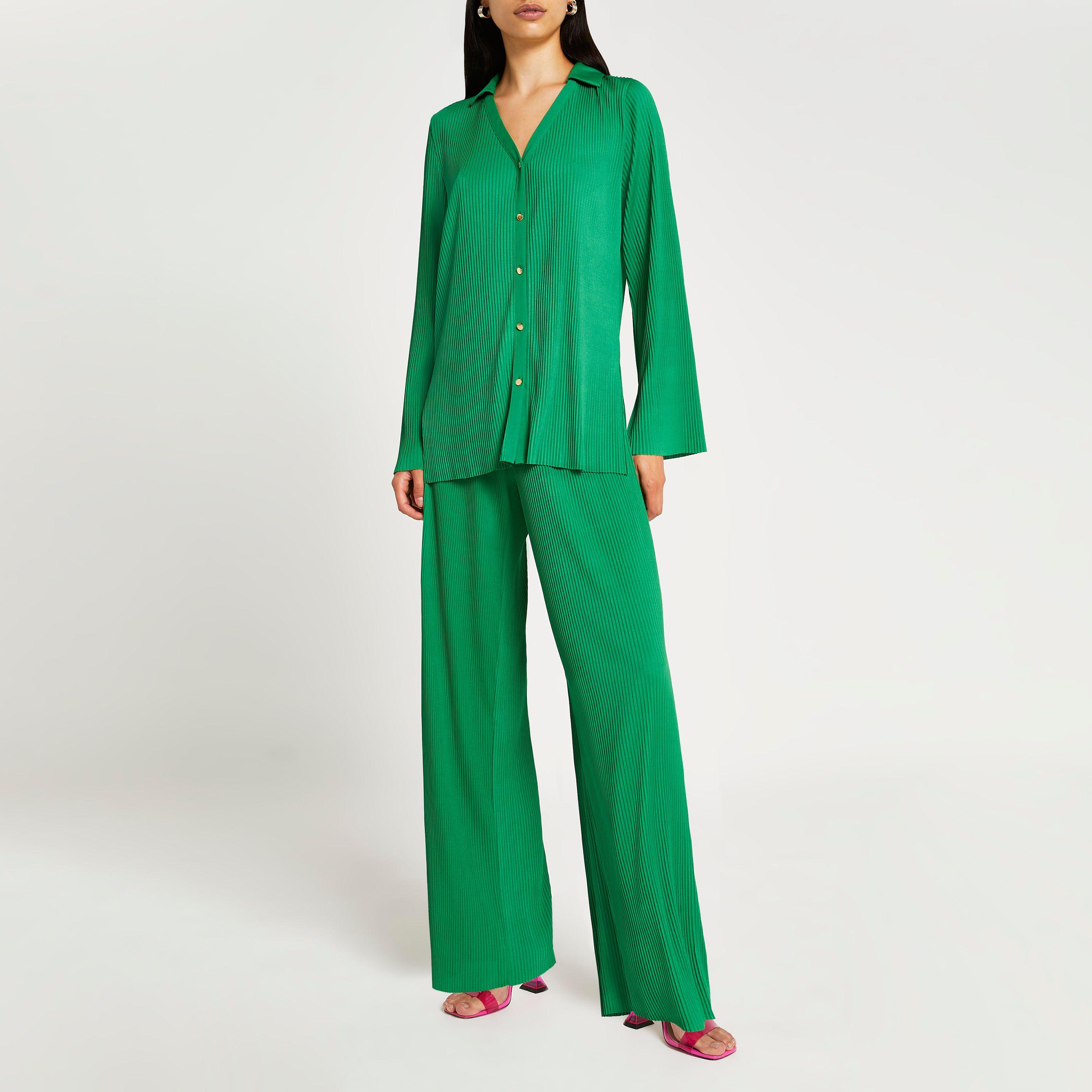 Green Pleated Wide Leg Pants | Lyst 