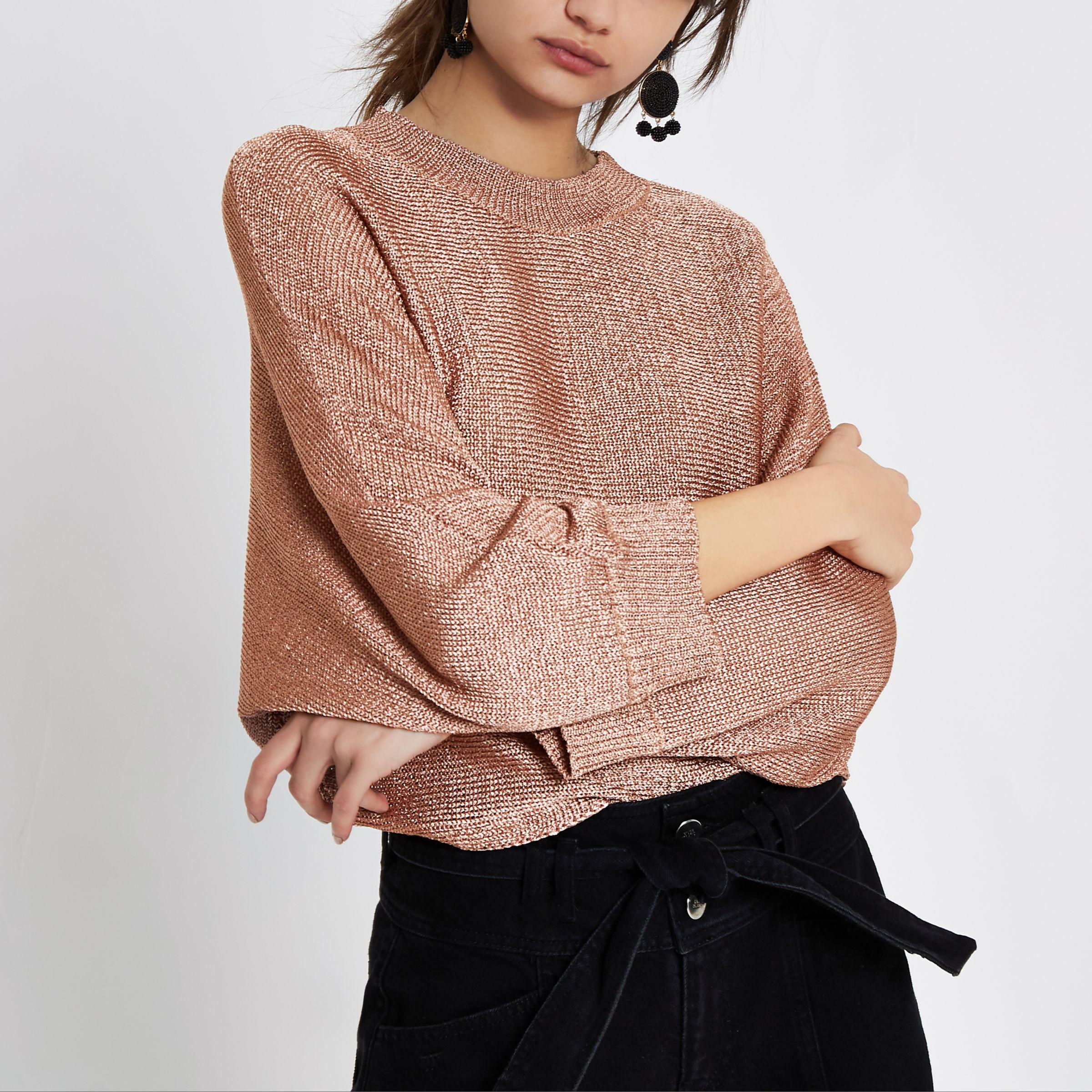 River Island Rose Gold Metallic Knit Jumper | Lyst