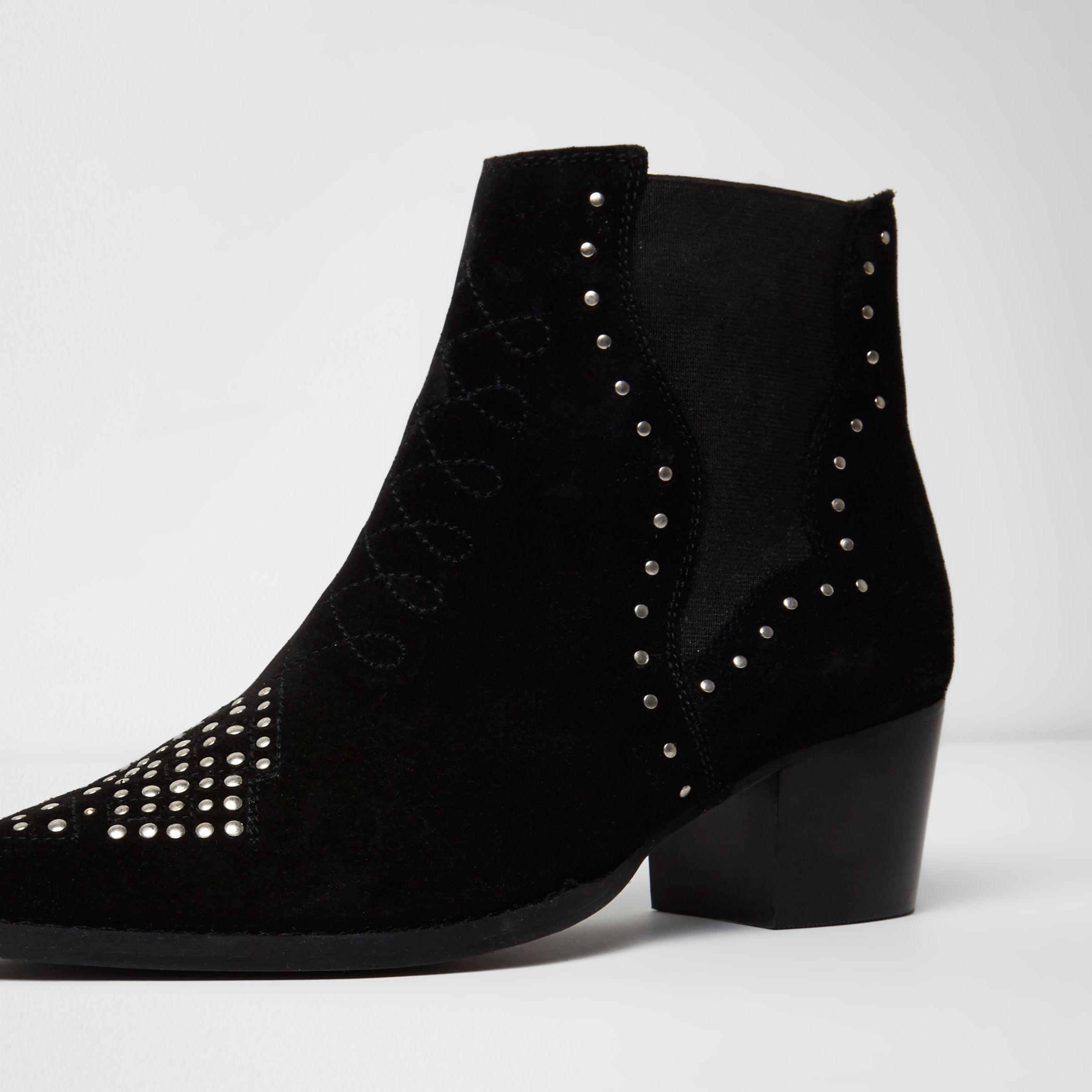 River Island Suede Black Studded Western Boots - Lyst