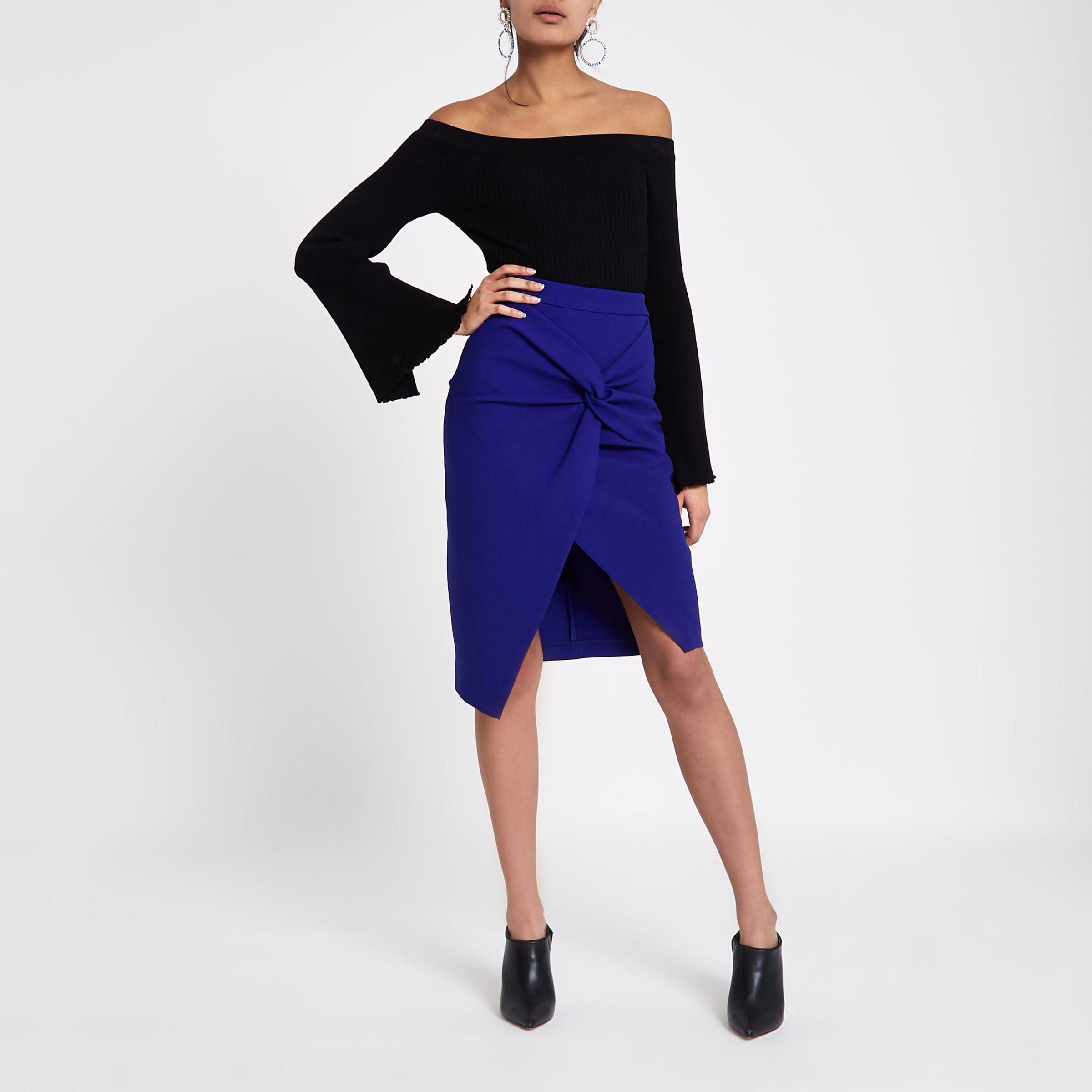 Blue Twist Front Pencil Skirt - Lyst