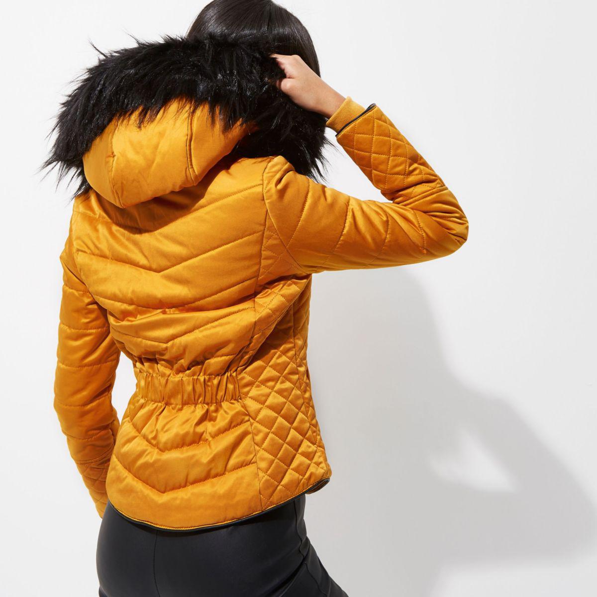River Island Yellow Quilted Fur Trim Puffer Jacket | Lyst Australia