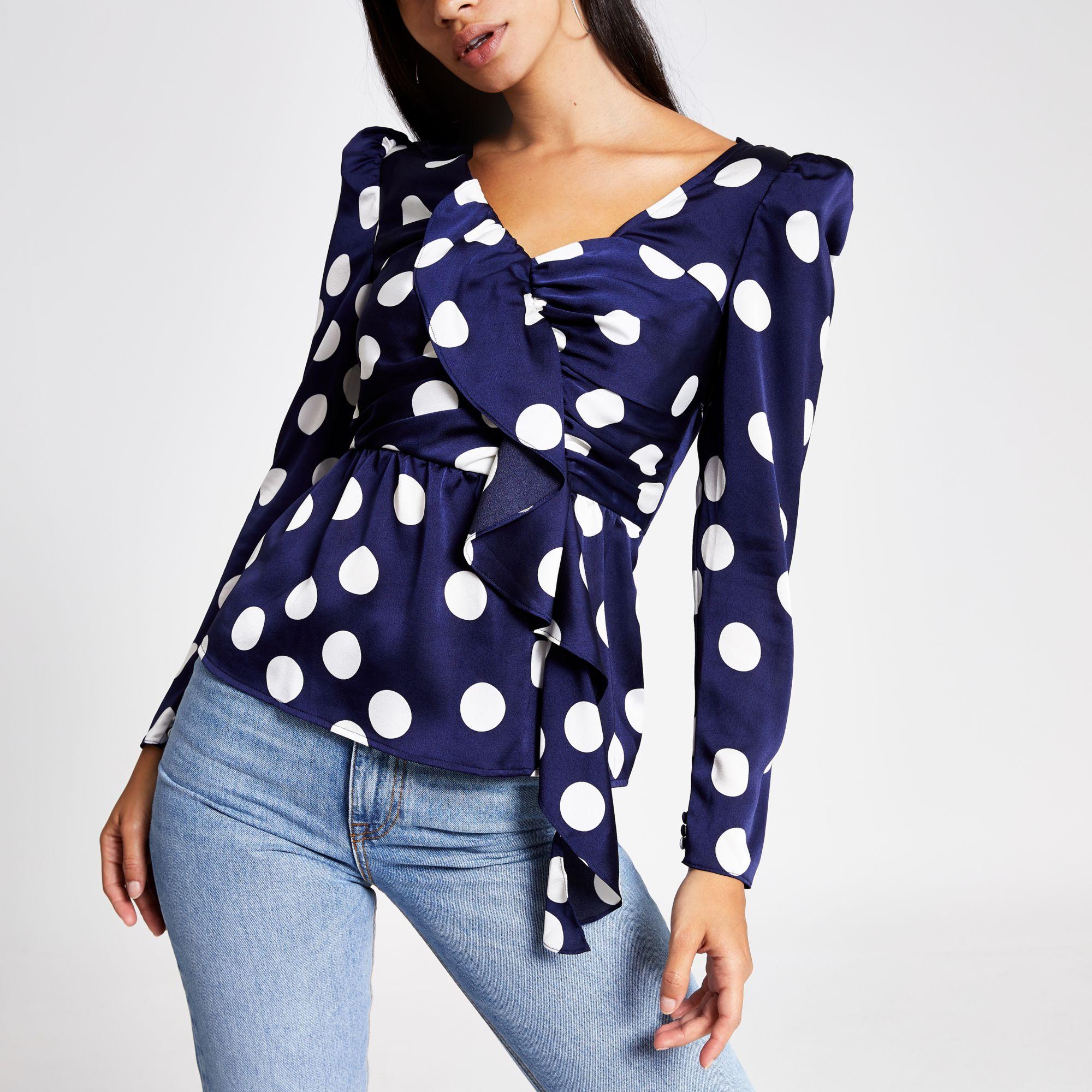 River Island Blue Polka Dot Long Sleeve Top - Lyst
