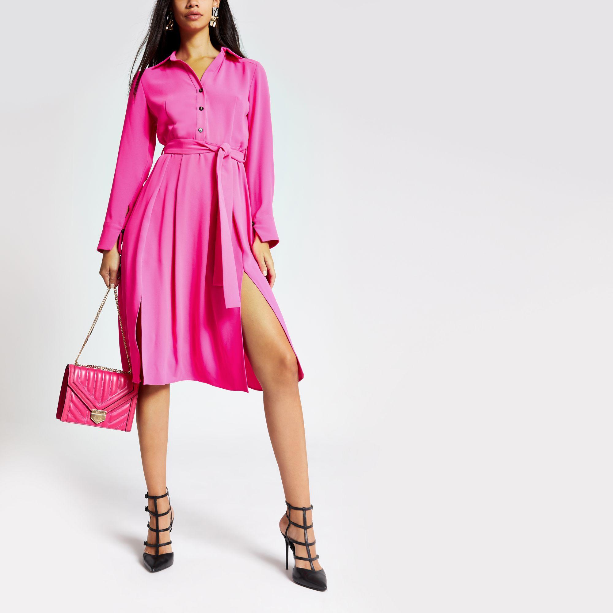 River Island Bright Long Sleeve Shirt Dress in Pink | Lyst