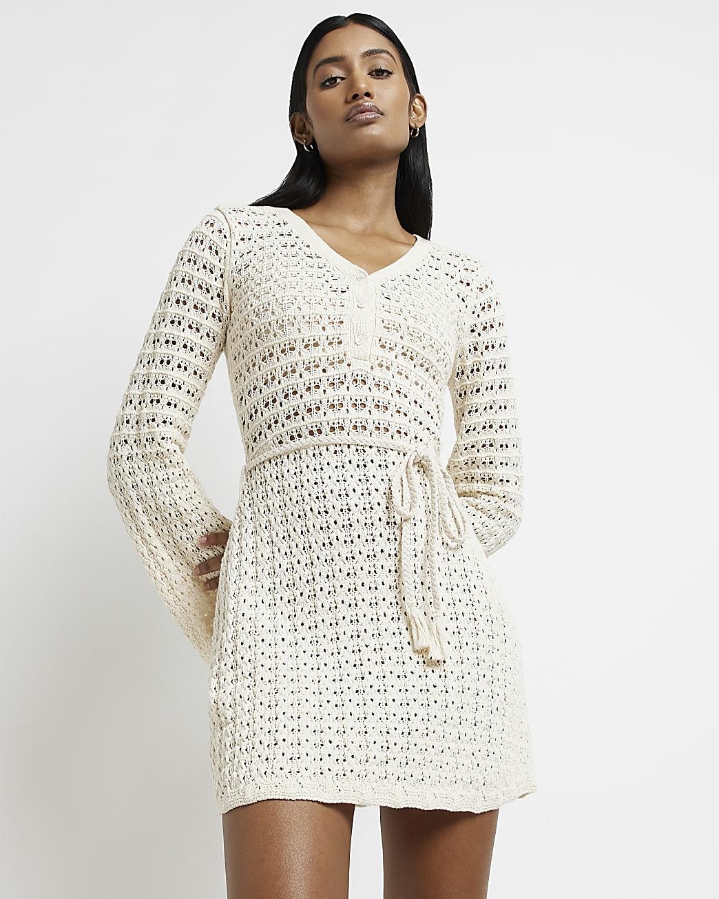 Beige Crochet Shift Mini Dress 