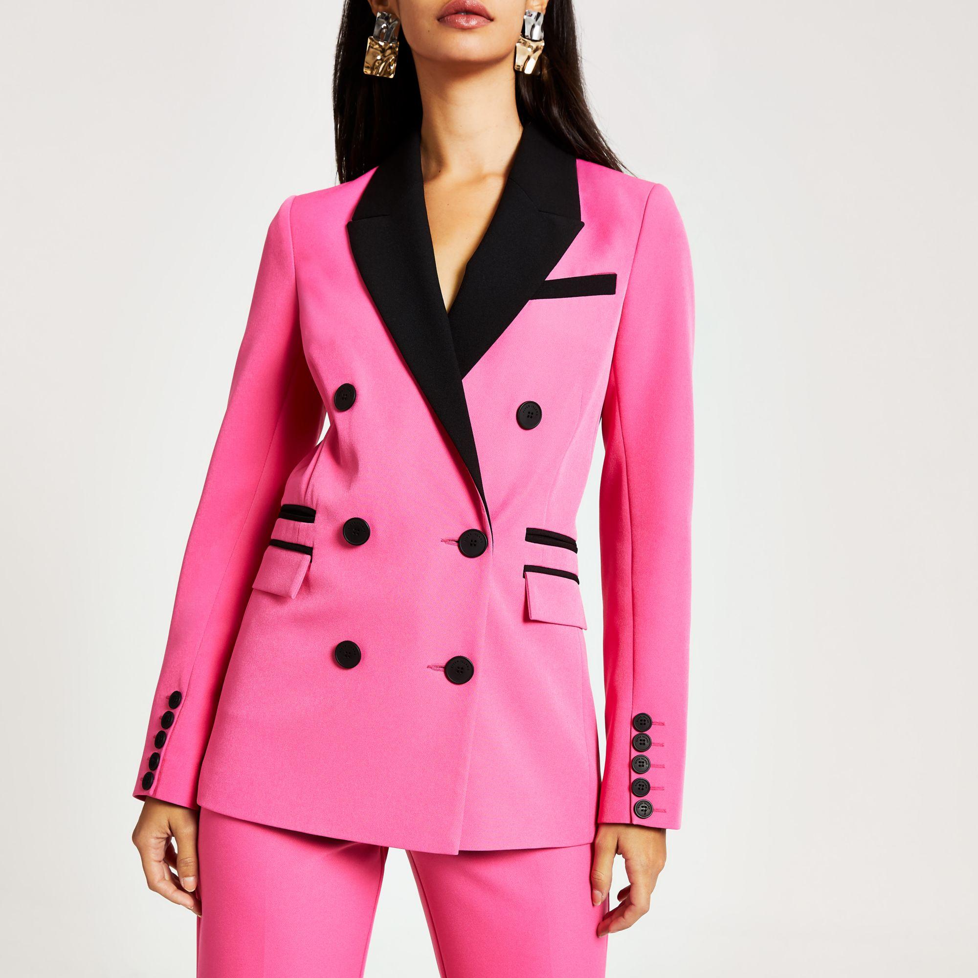 River Island Pink Colour Blocked Double Breasted Blazer Pink Colour Blocked  Tapered Trousers | Lyst