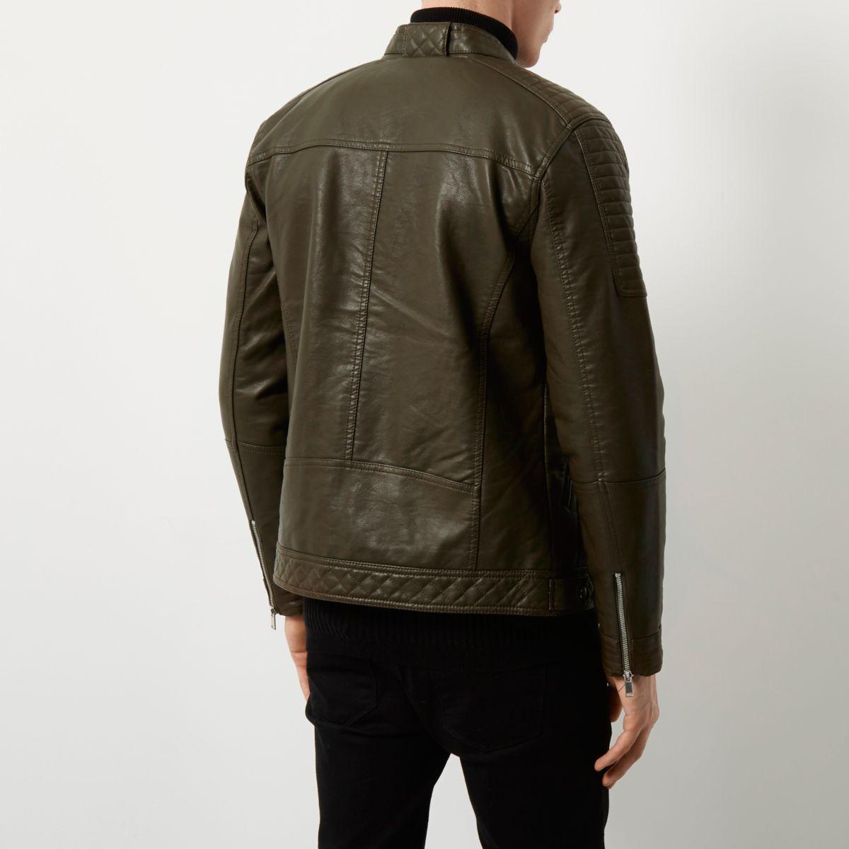 Lyst - River Island Racer Neck Faux-leather Jacket in Green for Men