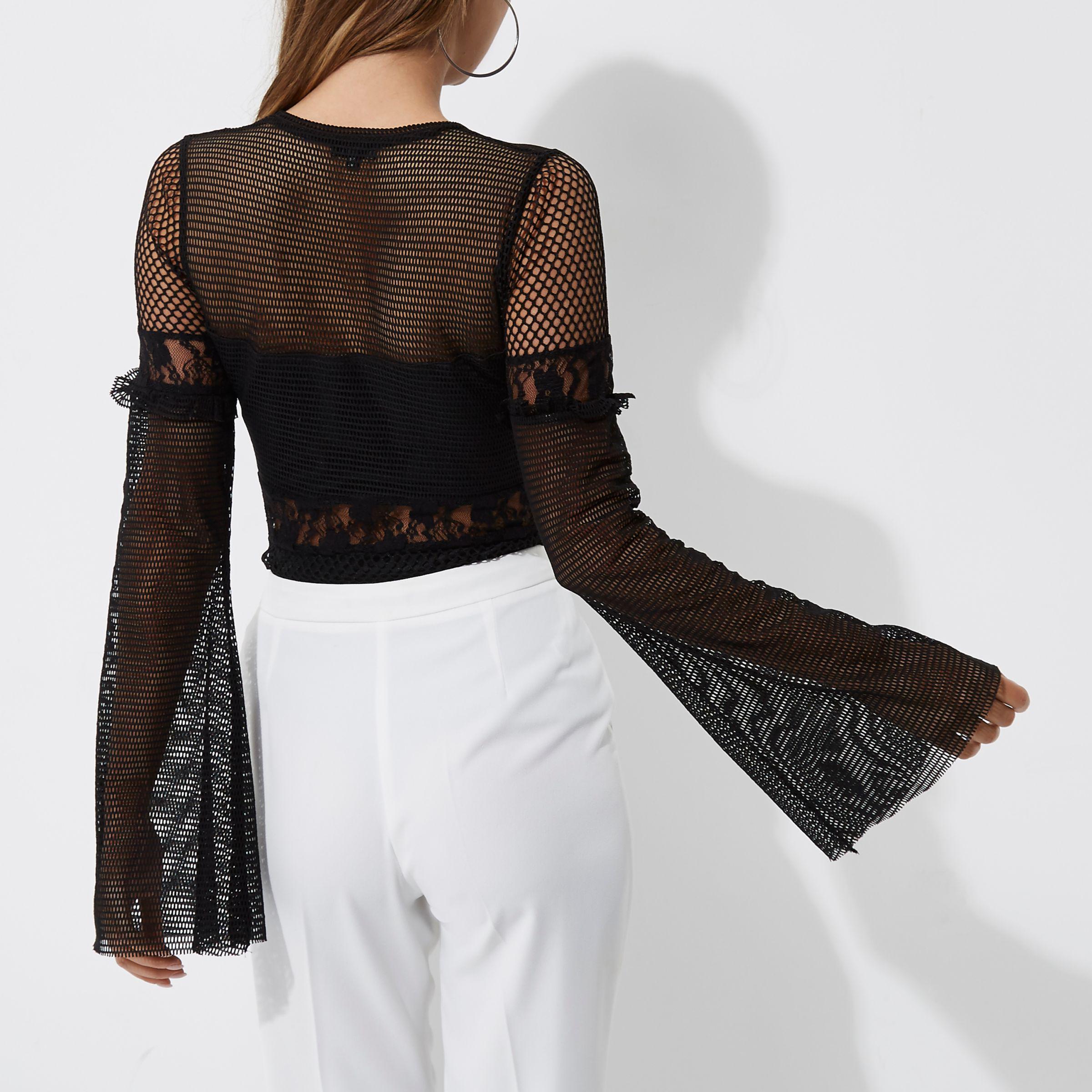 River Island Mesh Lace Insert Long Sleeve Top in Black - Lyst