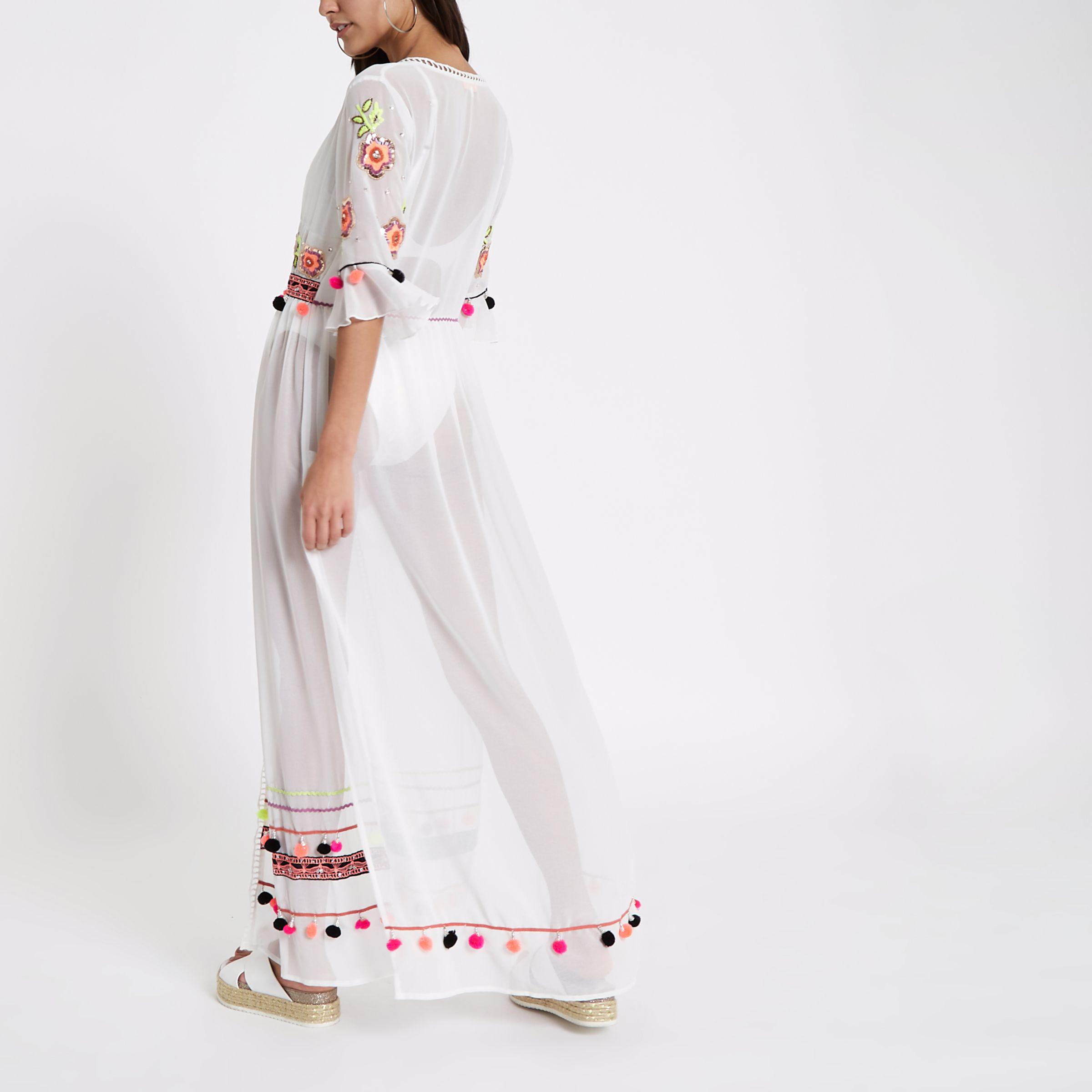 White Embellished Maxi Beach Cover Up 