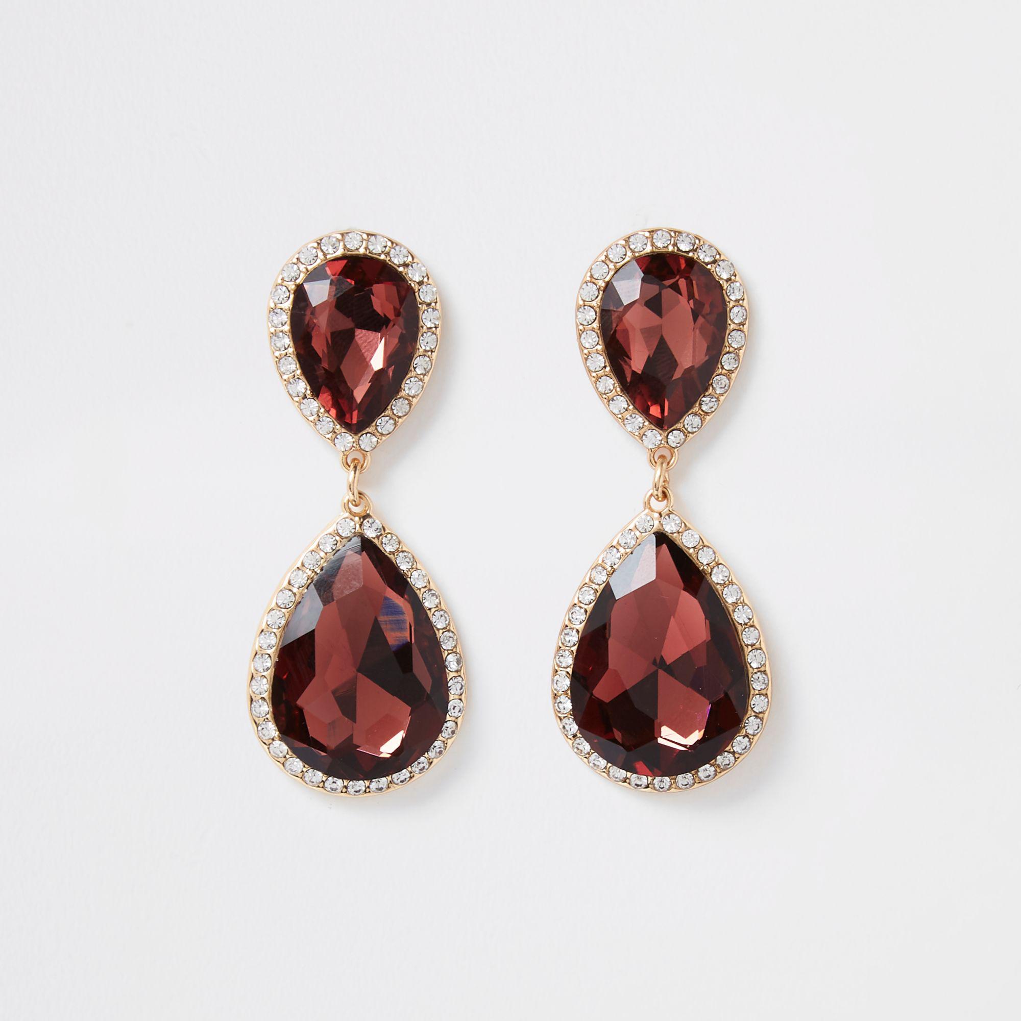River Island Gold Tone Burgundy Jewel Drop Earrings in Metallic | Lyst