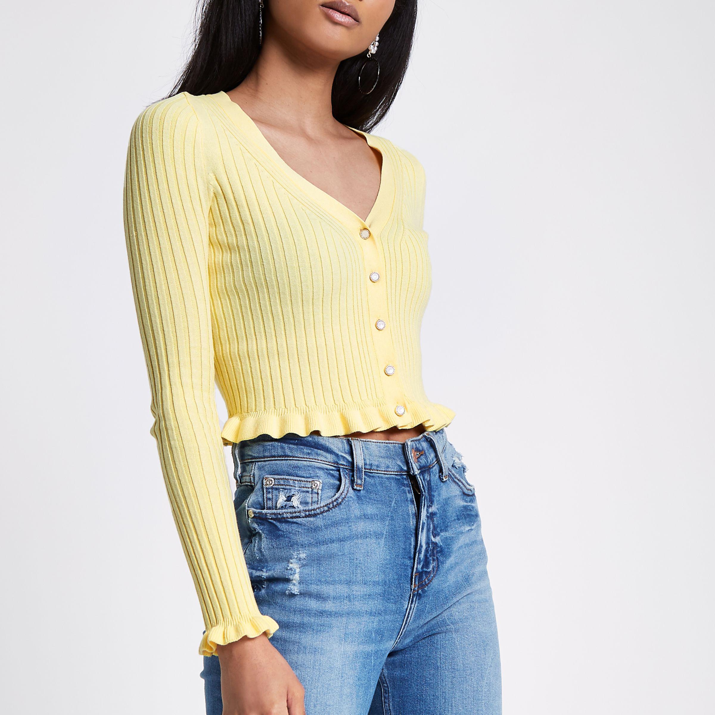 River Island Light Yellow Ribbed Frill Cropped Cardigan | Lyst