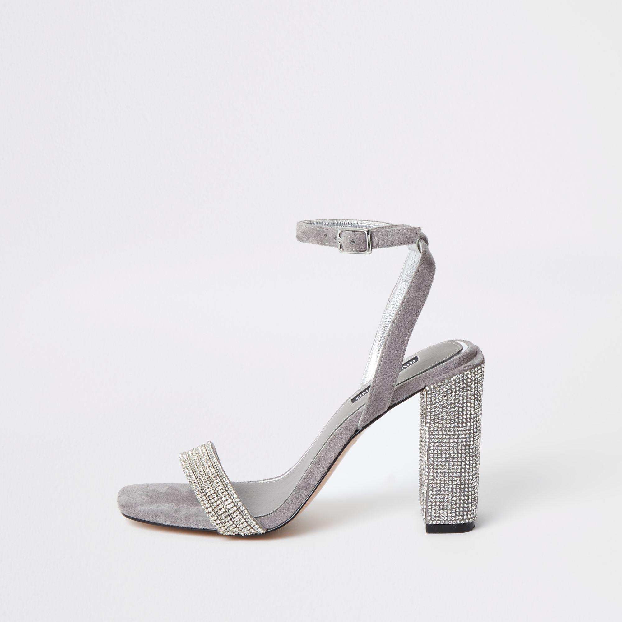 River Island Diamante Embellished Block Heel Sandal in Grey (Gray) - Lyst