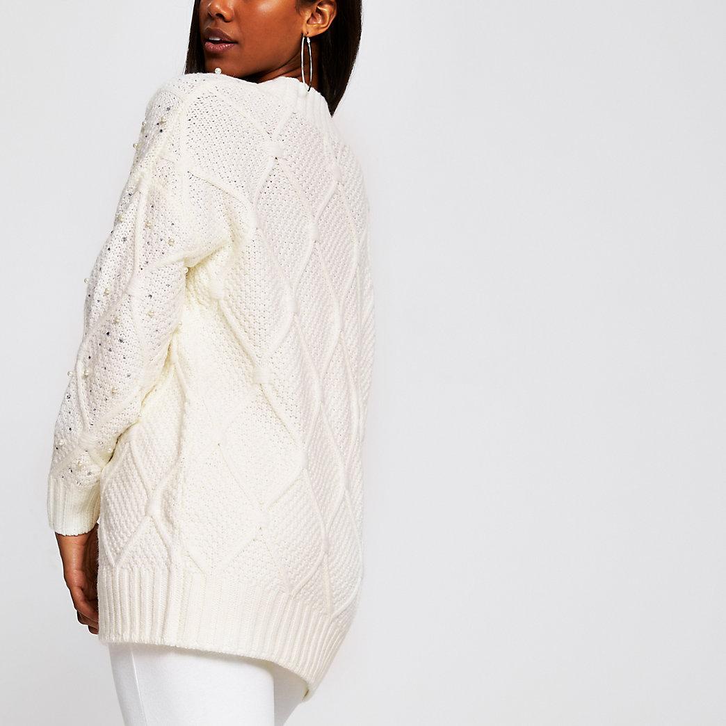 River Island Synthetic Cream Embellished Cable Knit Cardigan in Natural - Lyst