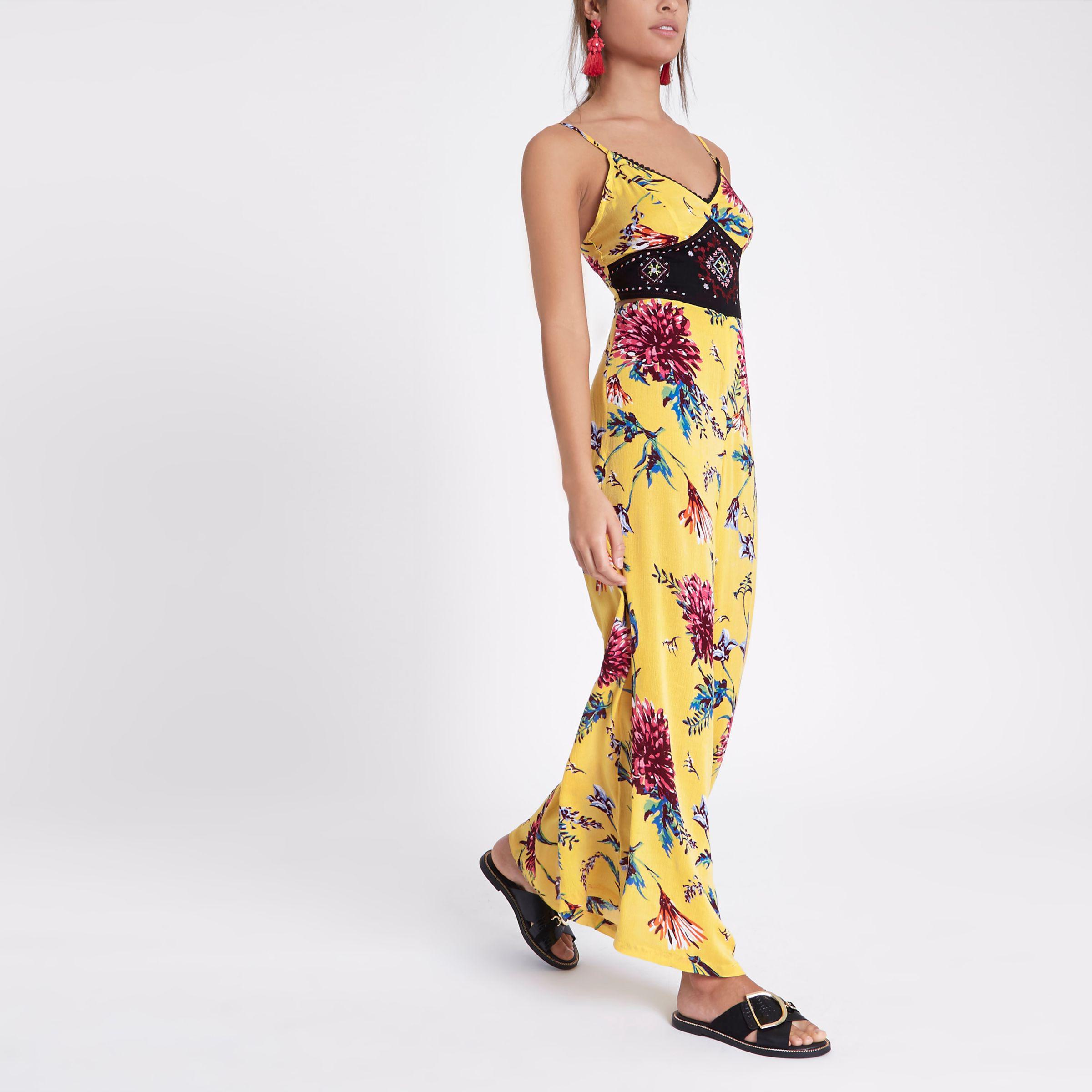 River Island Yellow Floral Embroidered Cami Beach Jumpsuit
