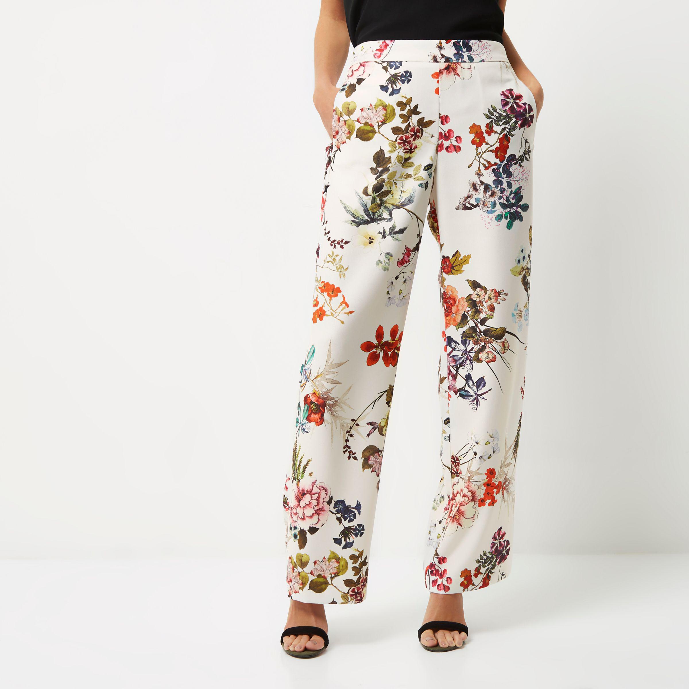 River Island Synthetic White Floral Print Wide Leg Trousers - Lyst