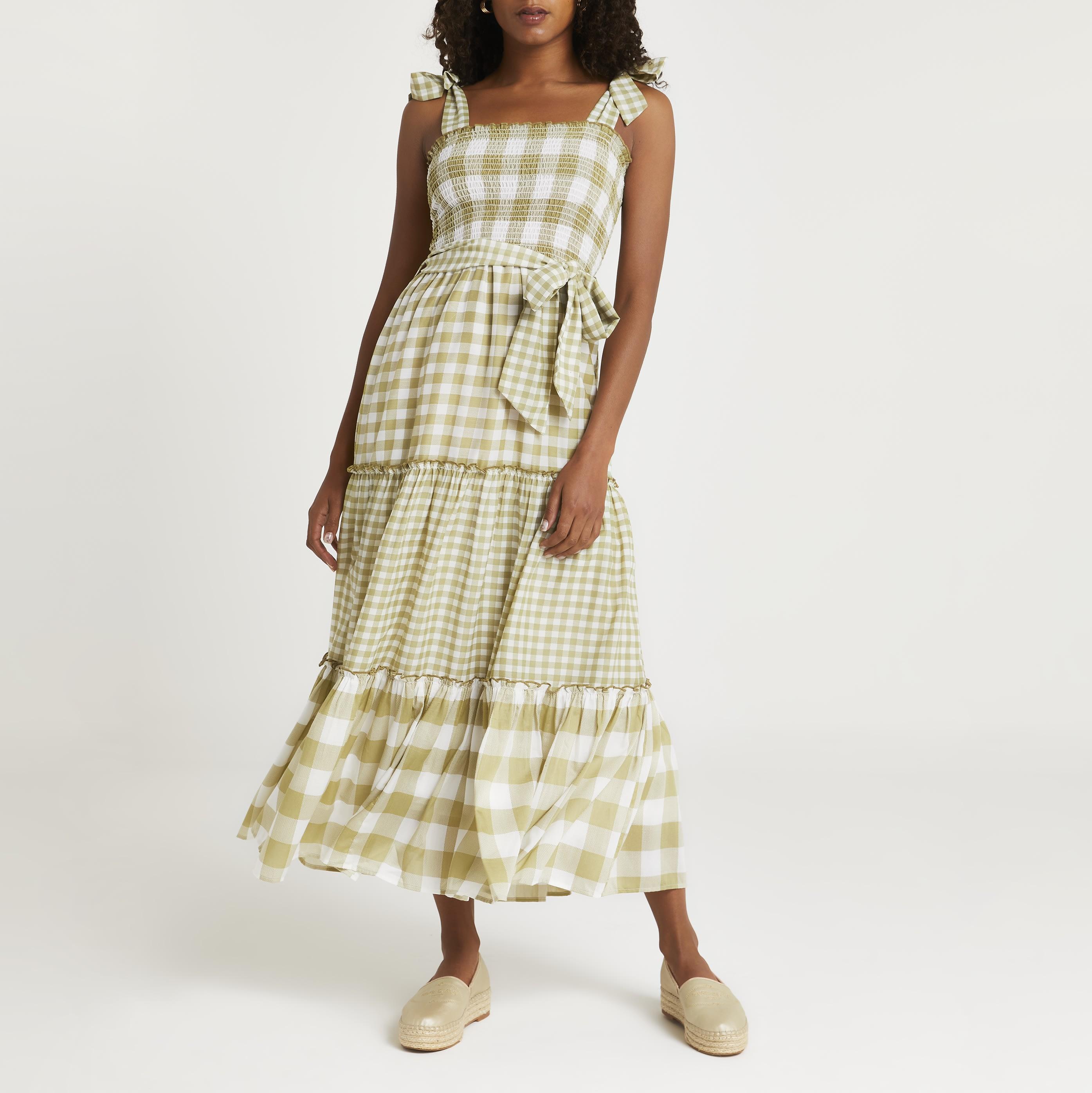 Green Gingham Shirred Maxi Dress 