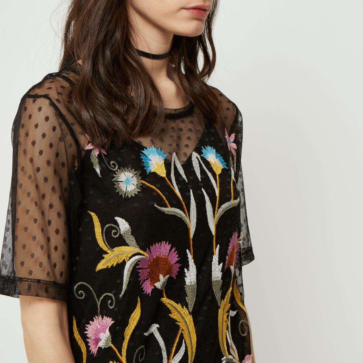 River Island Synthetic Black Embroidered Mesh T-shirt Dress | Lyst