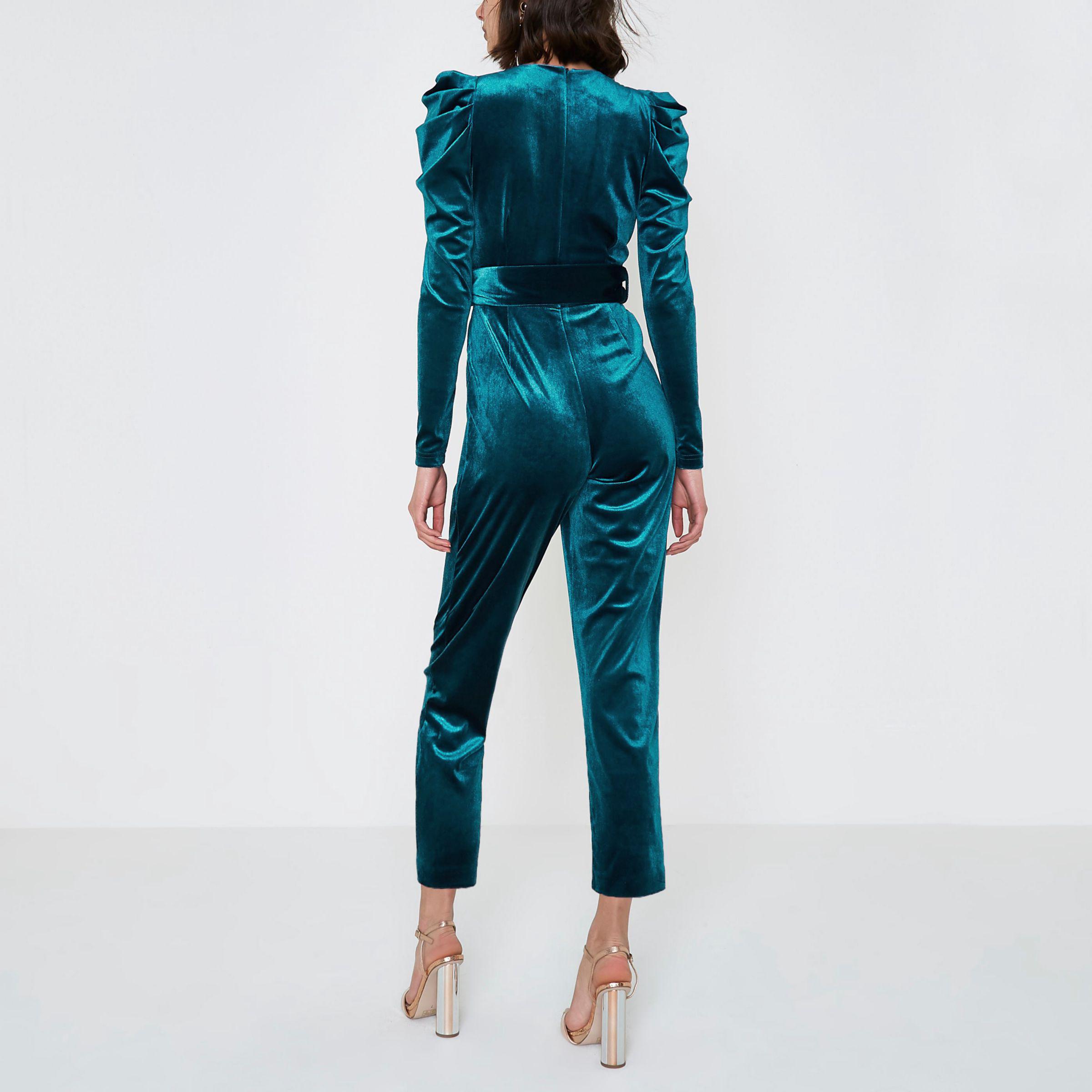 Puff Shoulder Velvet Jumpsuit 