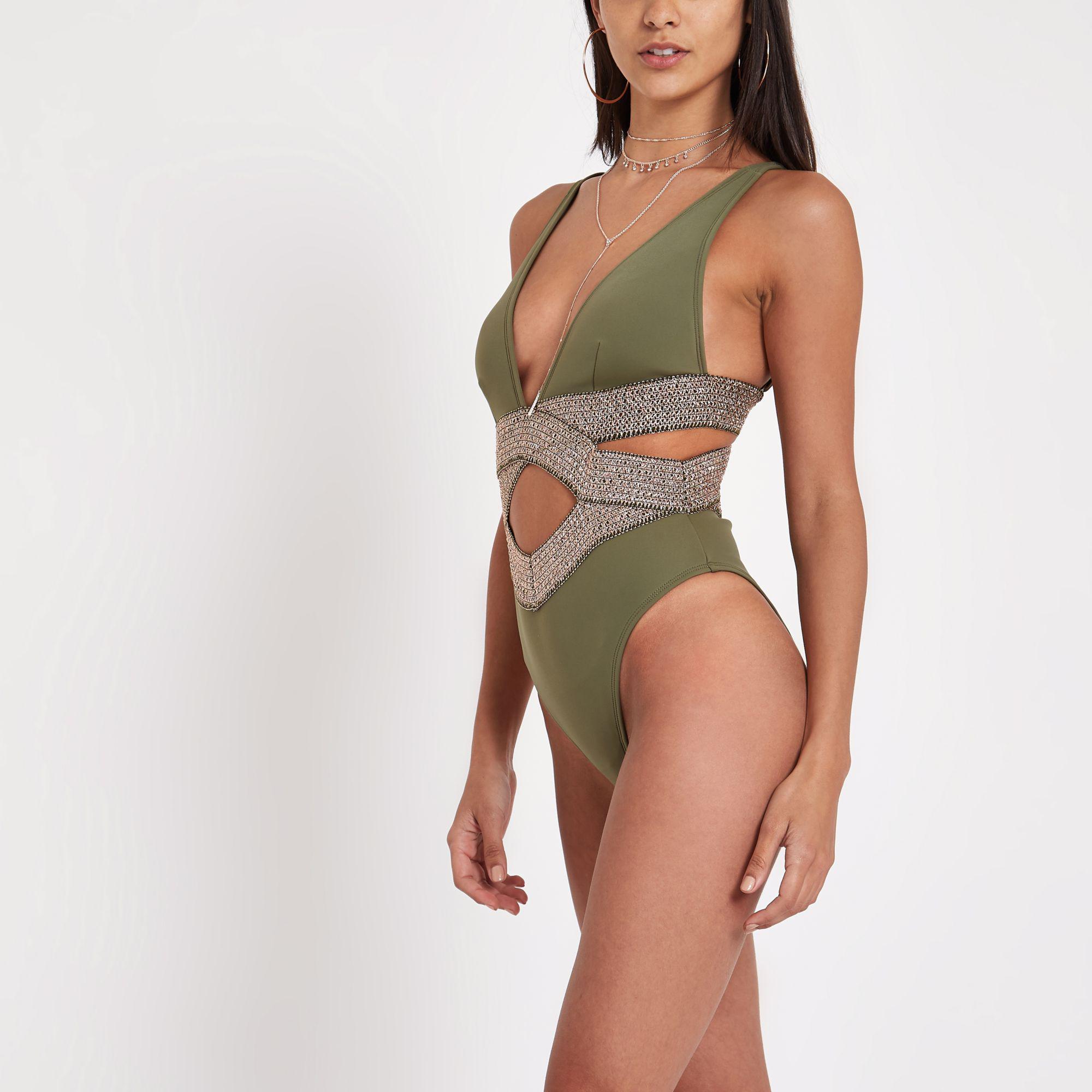 River Island Synthetic Khaki Metallic Elastic Plunge Swimsuit in Green -  Lyst