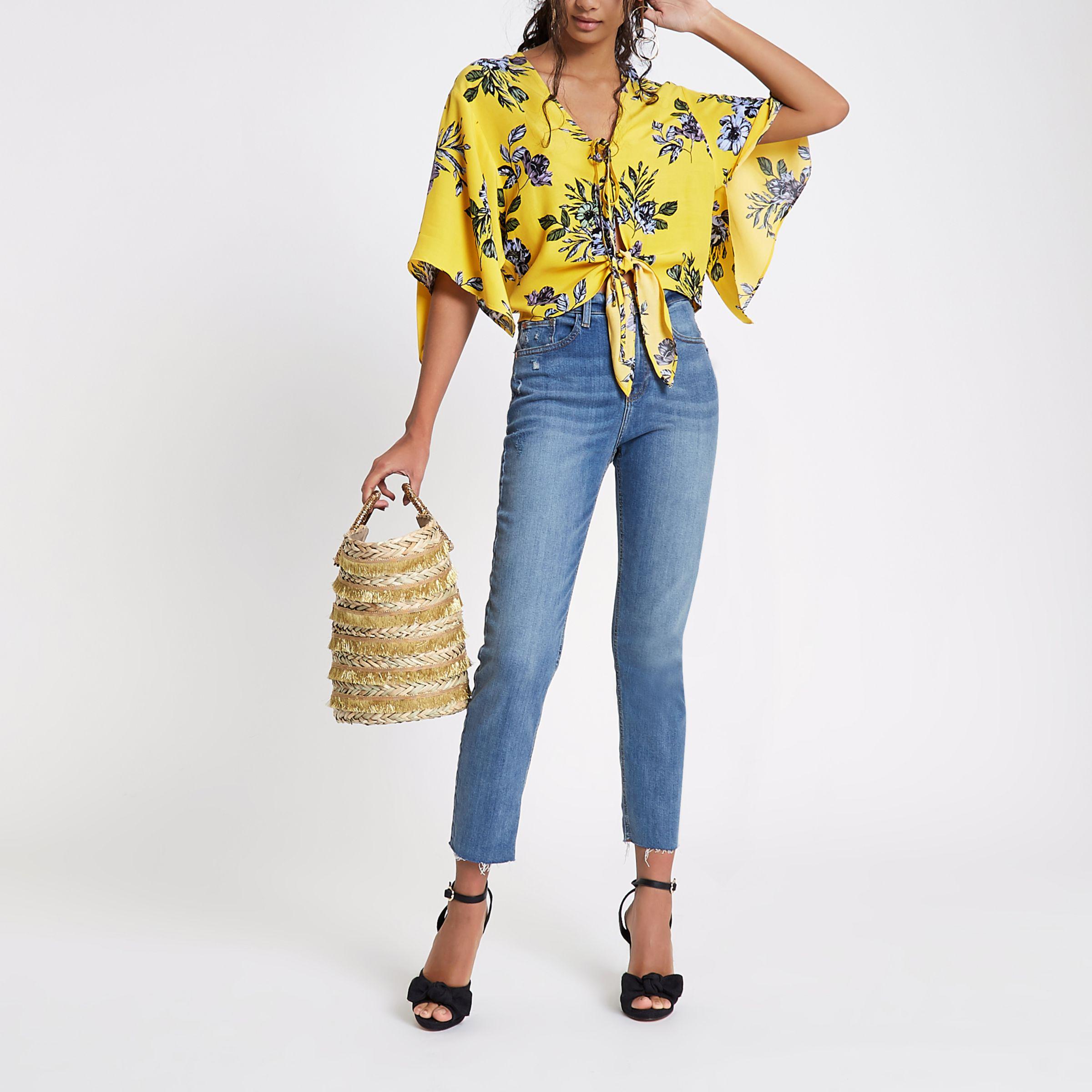 yellow floral tie front top