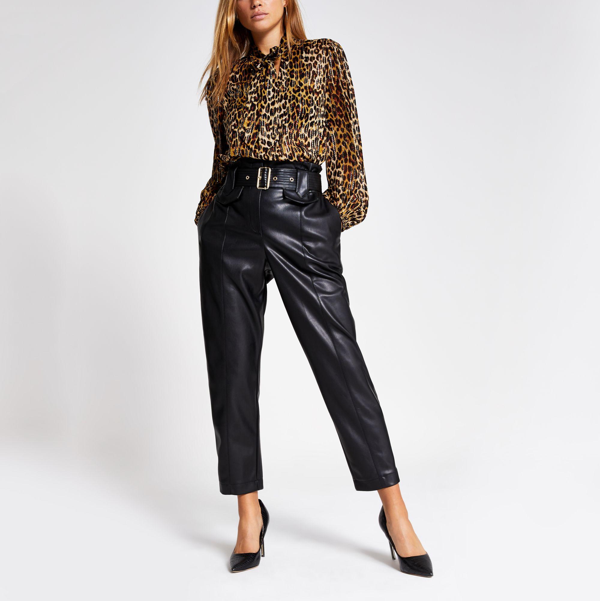 River Island Faux Leather High Waist Belted Trousers in Black - Lyst