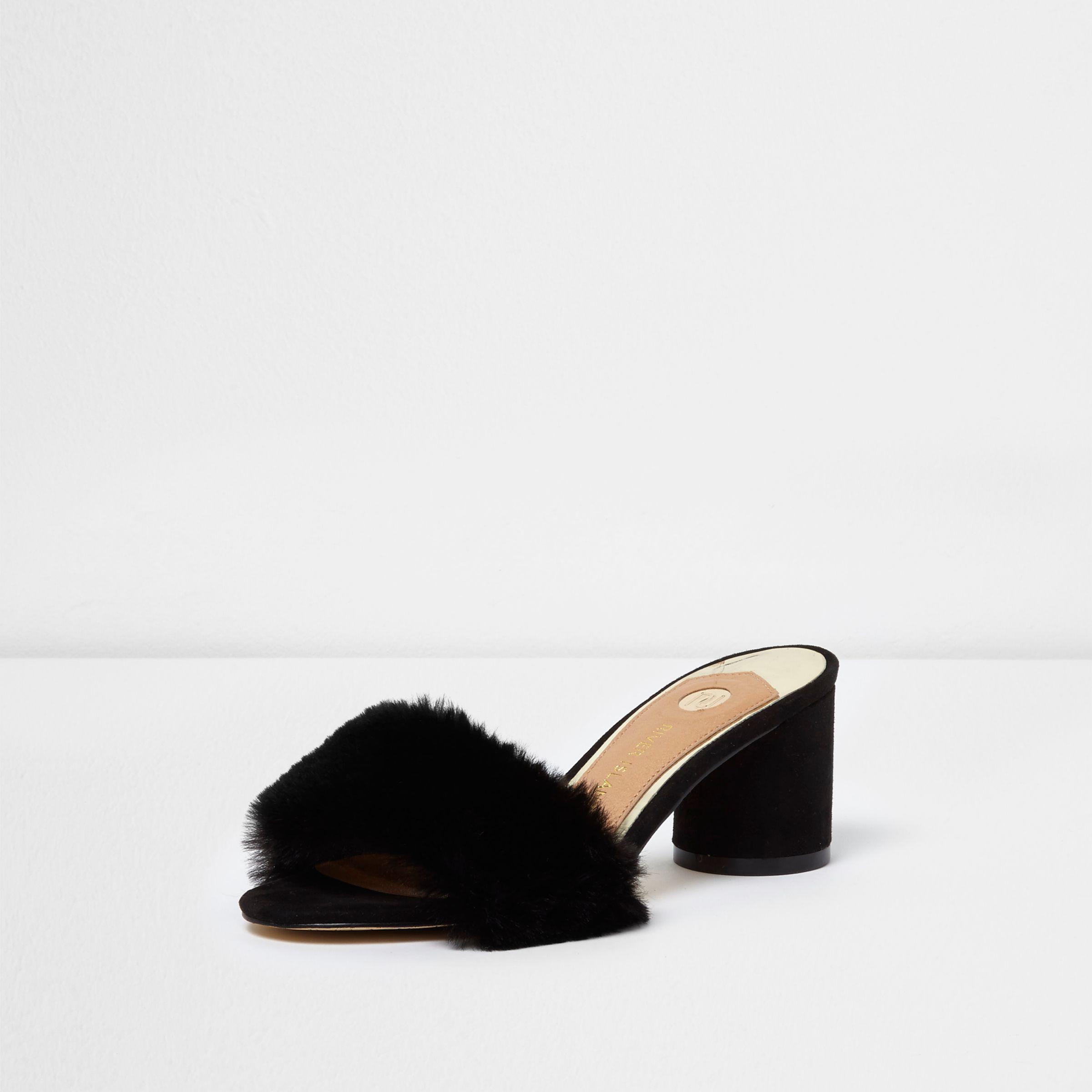 River Island Faux Fur Block Heel Mules 