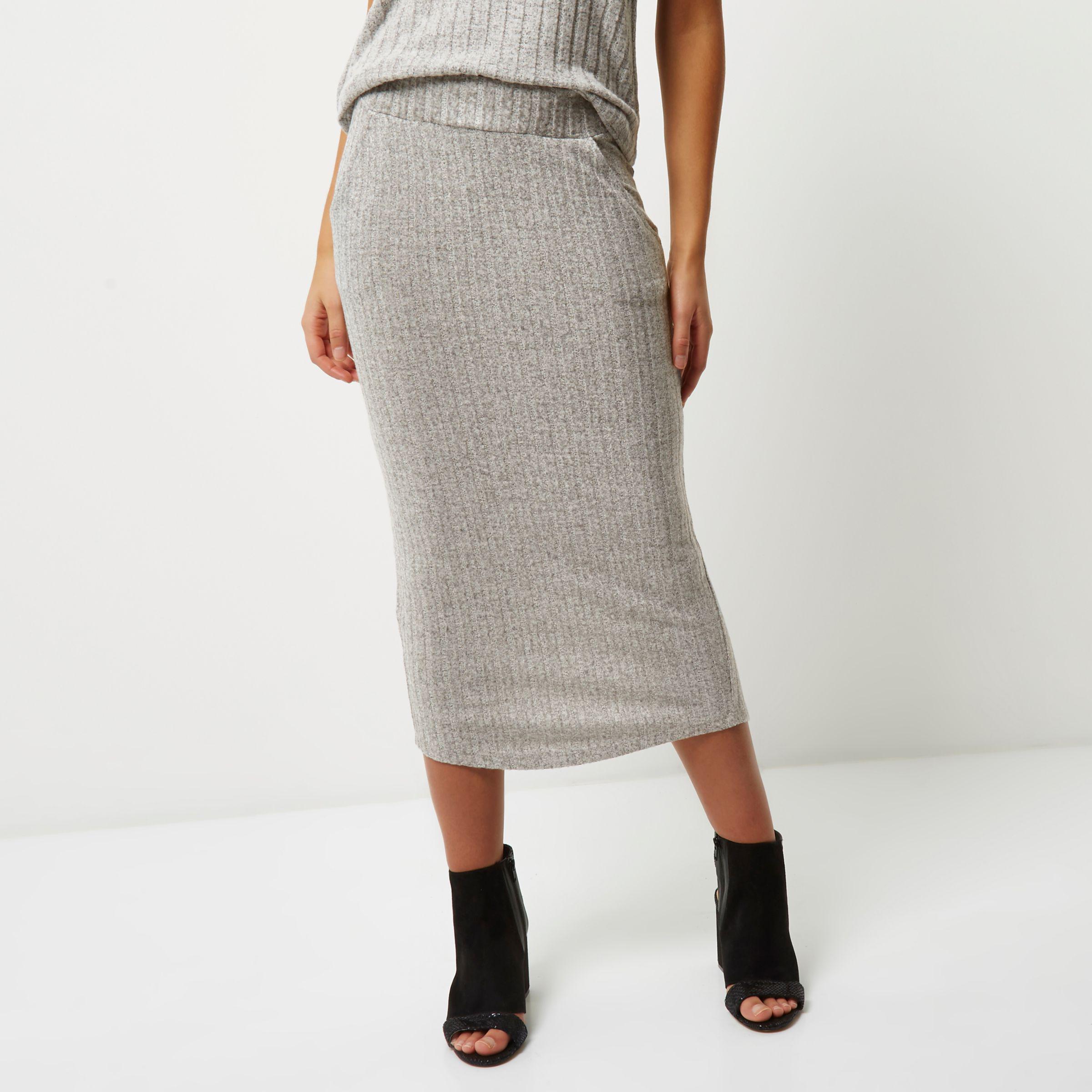 River Island Synthetic Grey Ribbed Knit Midi Skirt in Gray - Lyst
