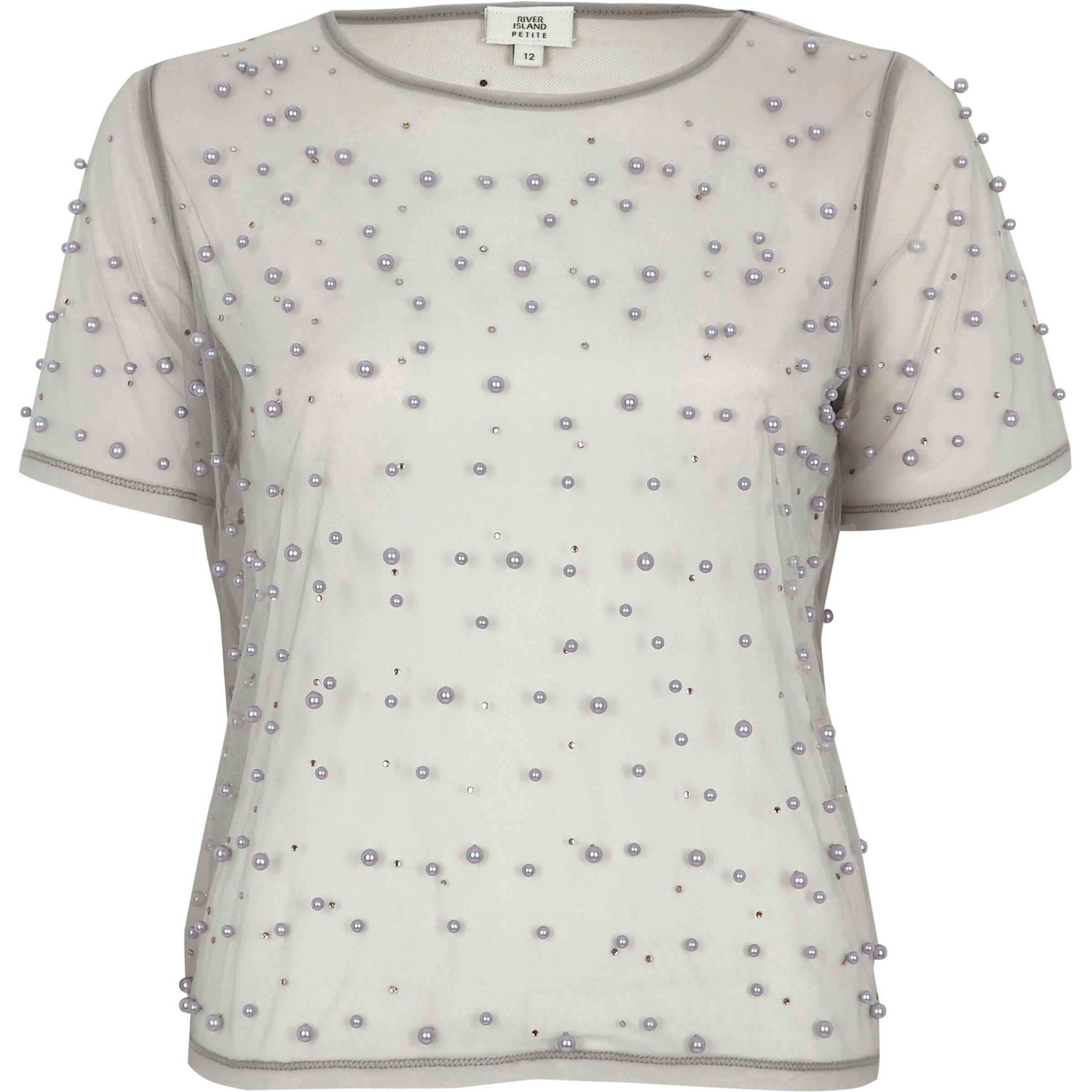 River Island Petite Mesh Pearl Embellished Tshirt in Gray Lyst