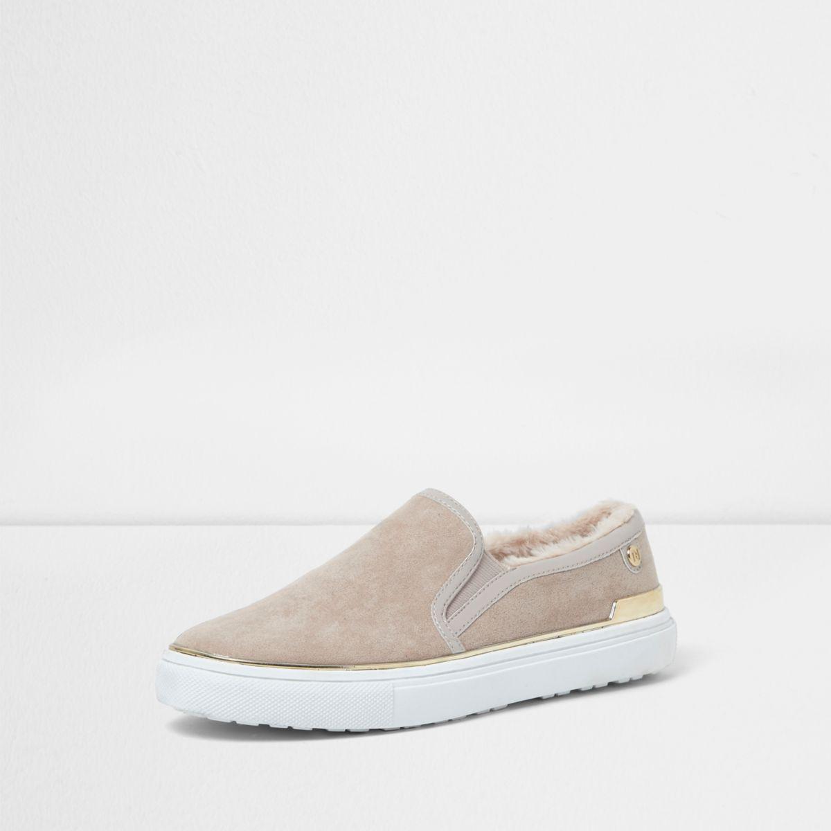 Lyst - River Island Beige Faux Fur Lined Slip On Plimsolls in Natural